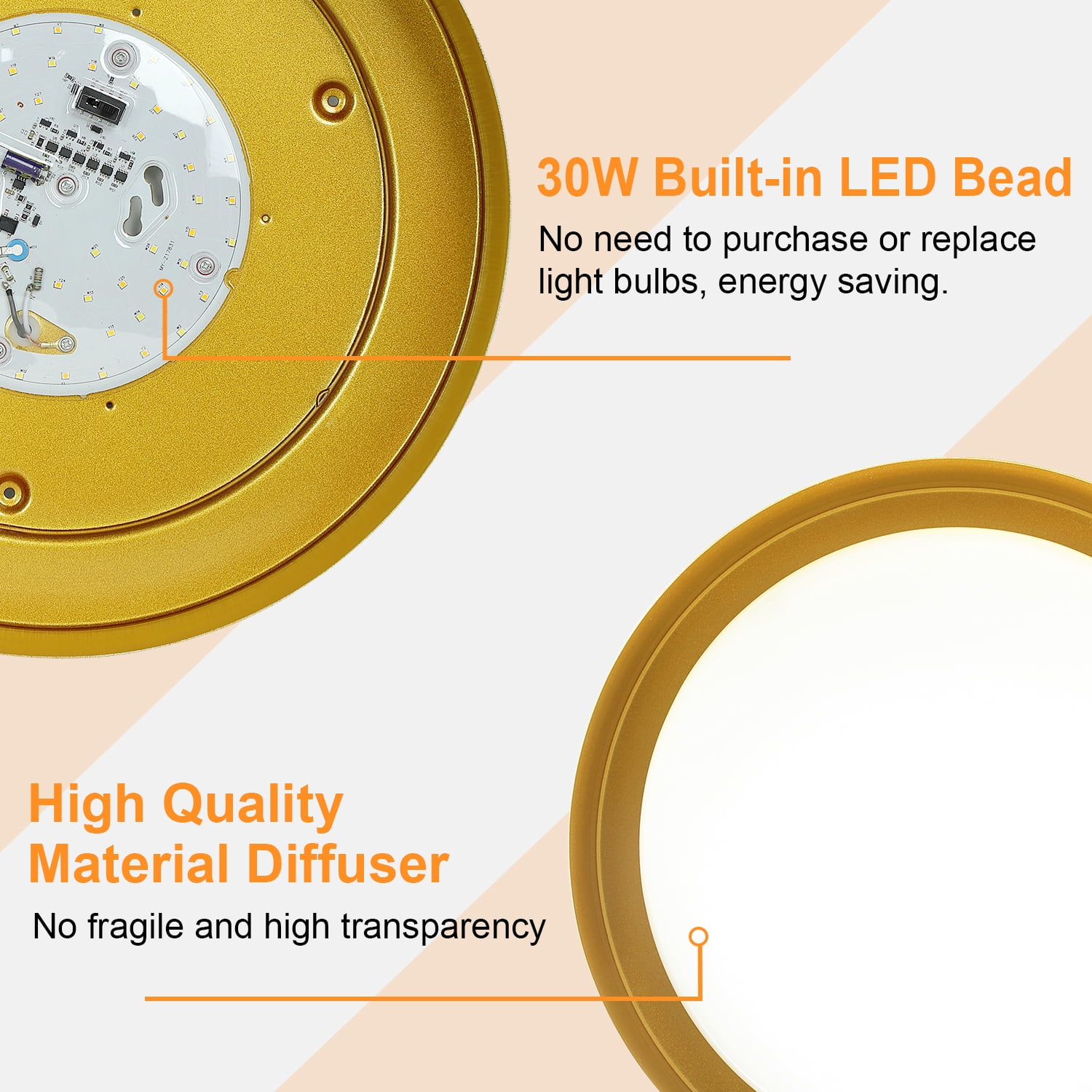 Depuley 15" 1 Light LED Flush Mount Ceiling Light Modern Dimmable Close to Ceiling Light for Living Room Bedroom Kitchen Dining, Matte White with Gold Inside, Bulb Included - Image 4