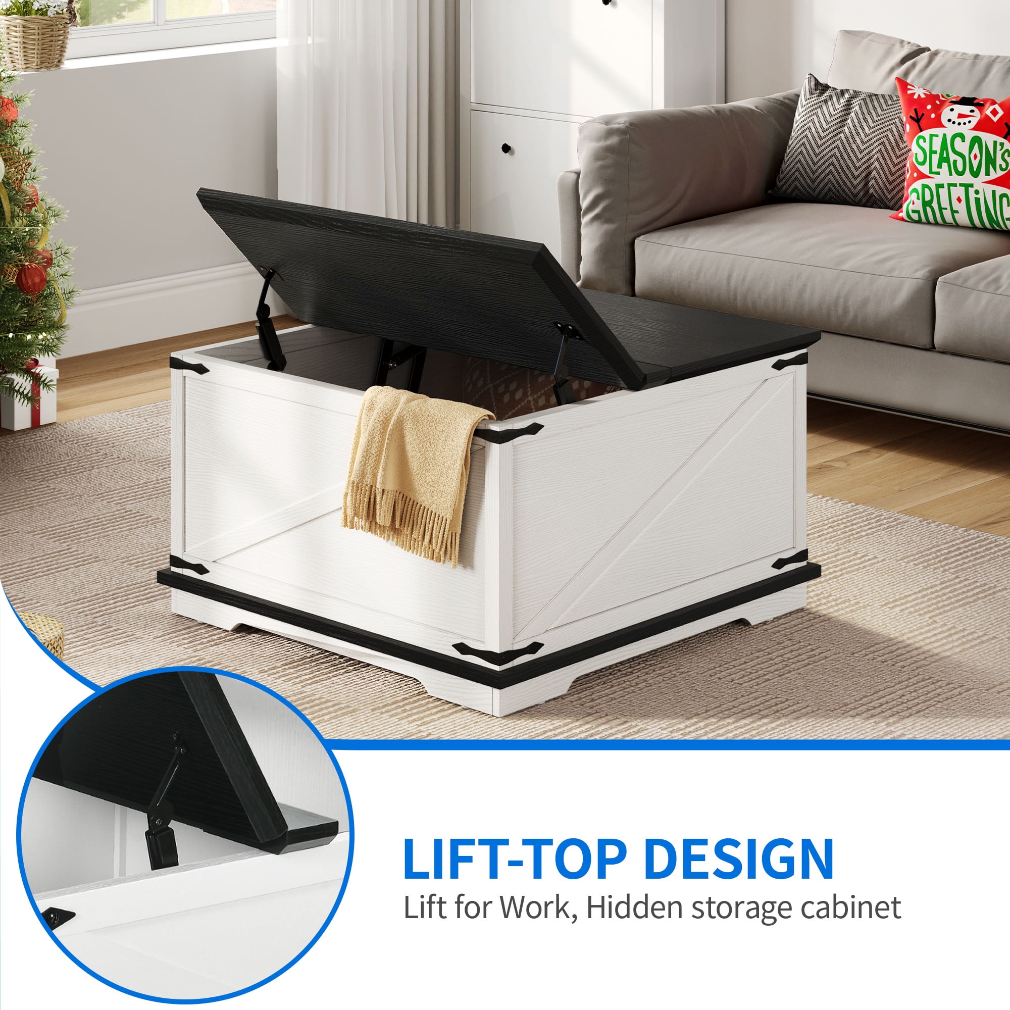 Dextrus Farmhouse Square Lift Top Coffee Table with Storage, Wood Center Table for Living Room, White and Black - Image 4