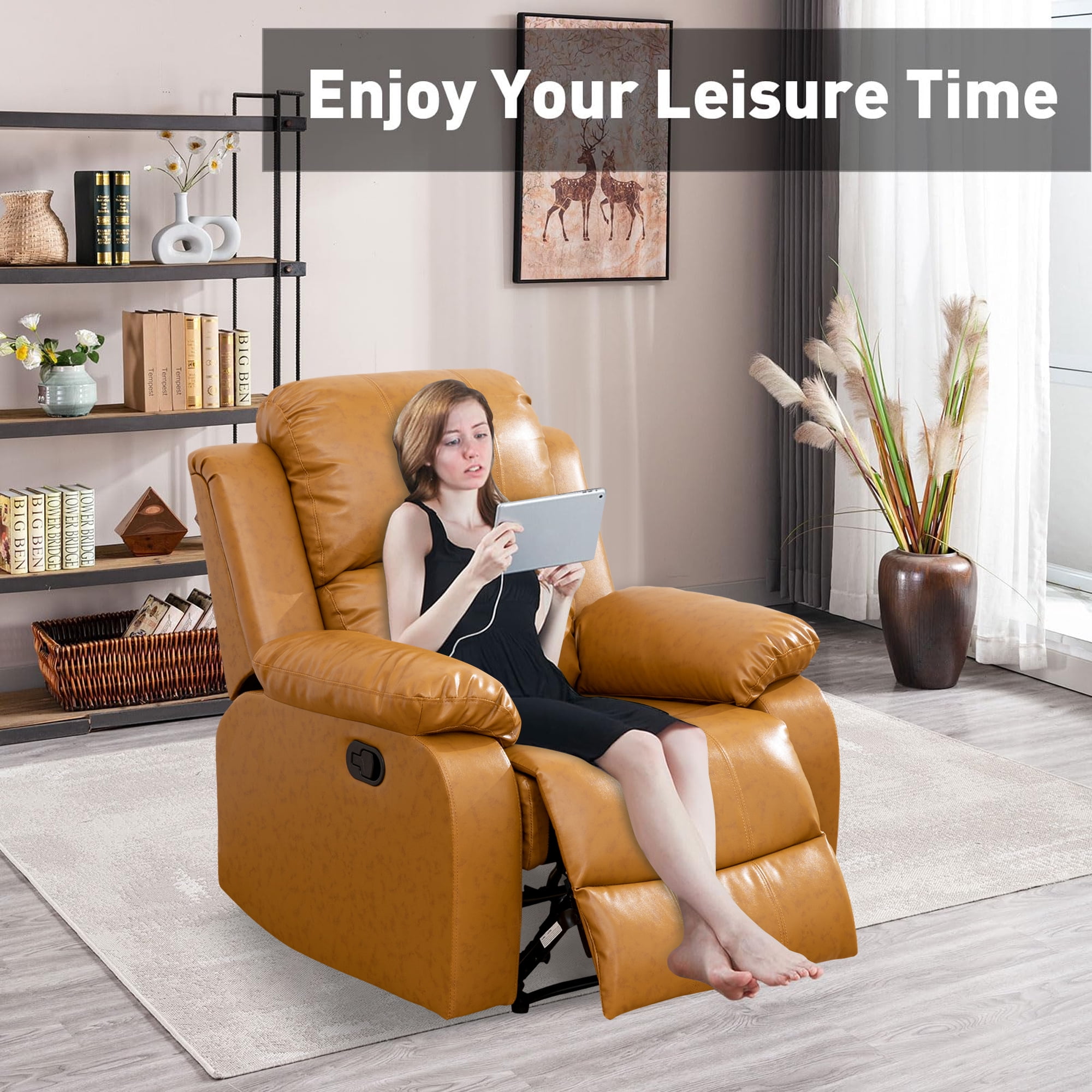 Aukfa Leather Recliner Chair, 38" Overstuffed Armchair Living Room Read Chair for Adults, Ginger - Image 3