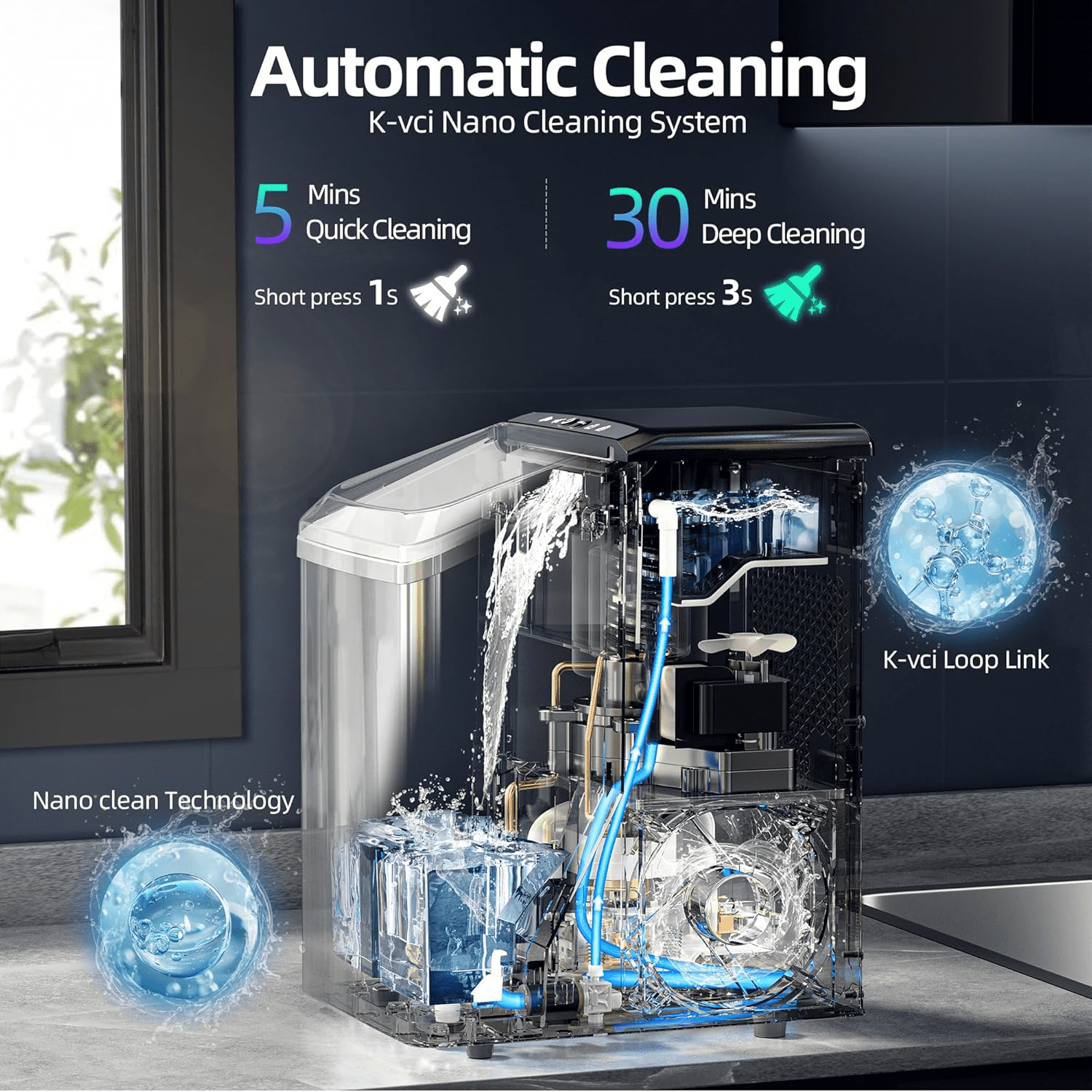 Nugget Ice Maker Countertop, 45 lbs in 24Hrs, Fingerprint-Free Stainless Steel Housing, Self-Cleaning, Portable Ice Maker Machine with Ice Scoop and Basket for Home - Image 7