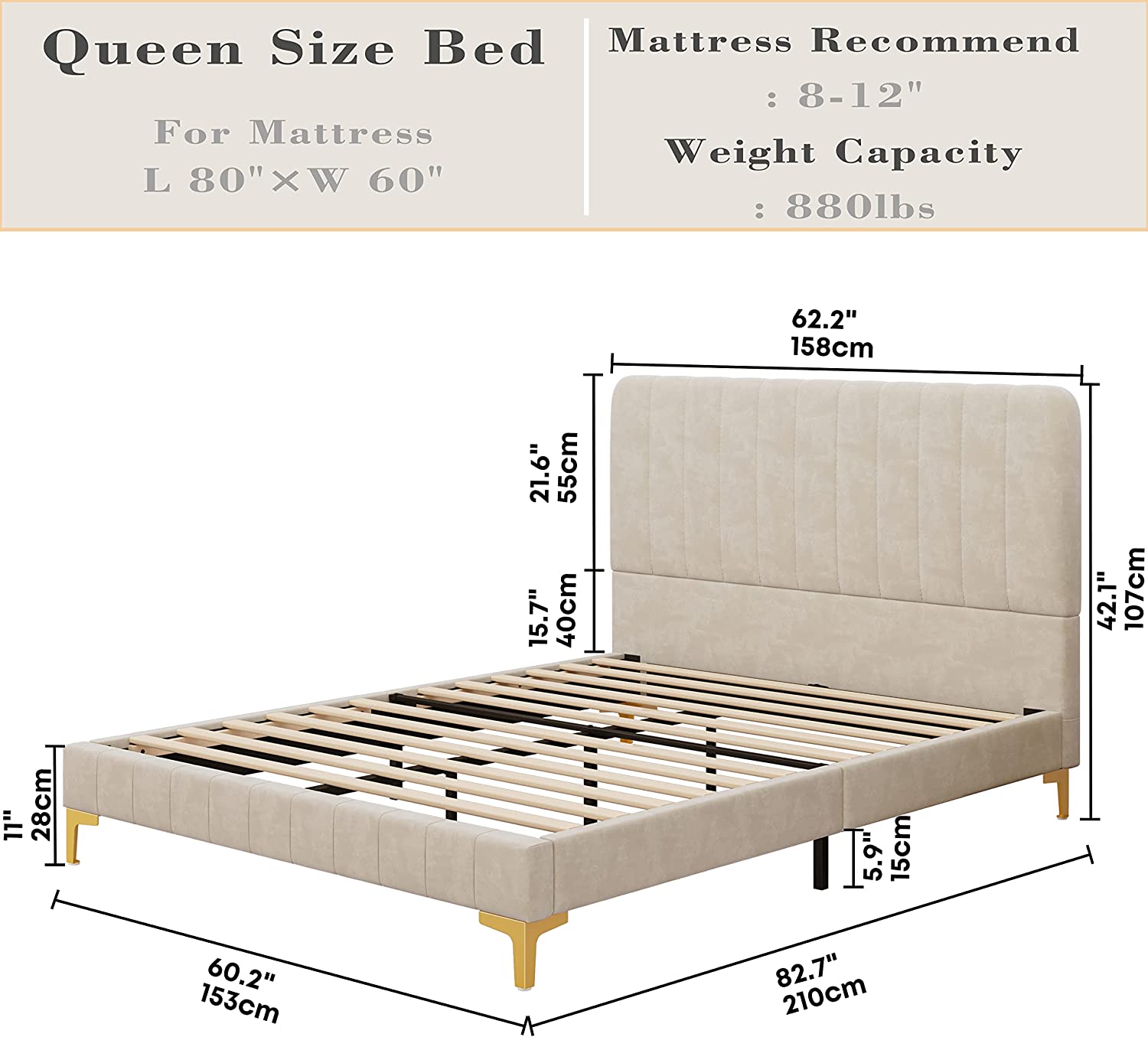 LIKIMIO Queen Upholstered Bed Frame with Headboard and Strong Supports, Velvet/Beige - Image 5