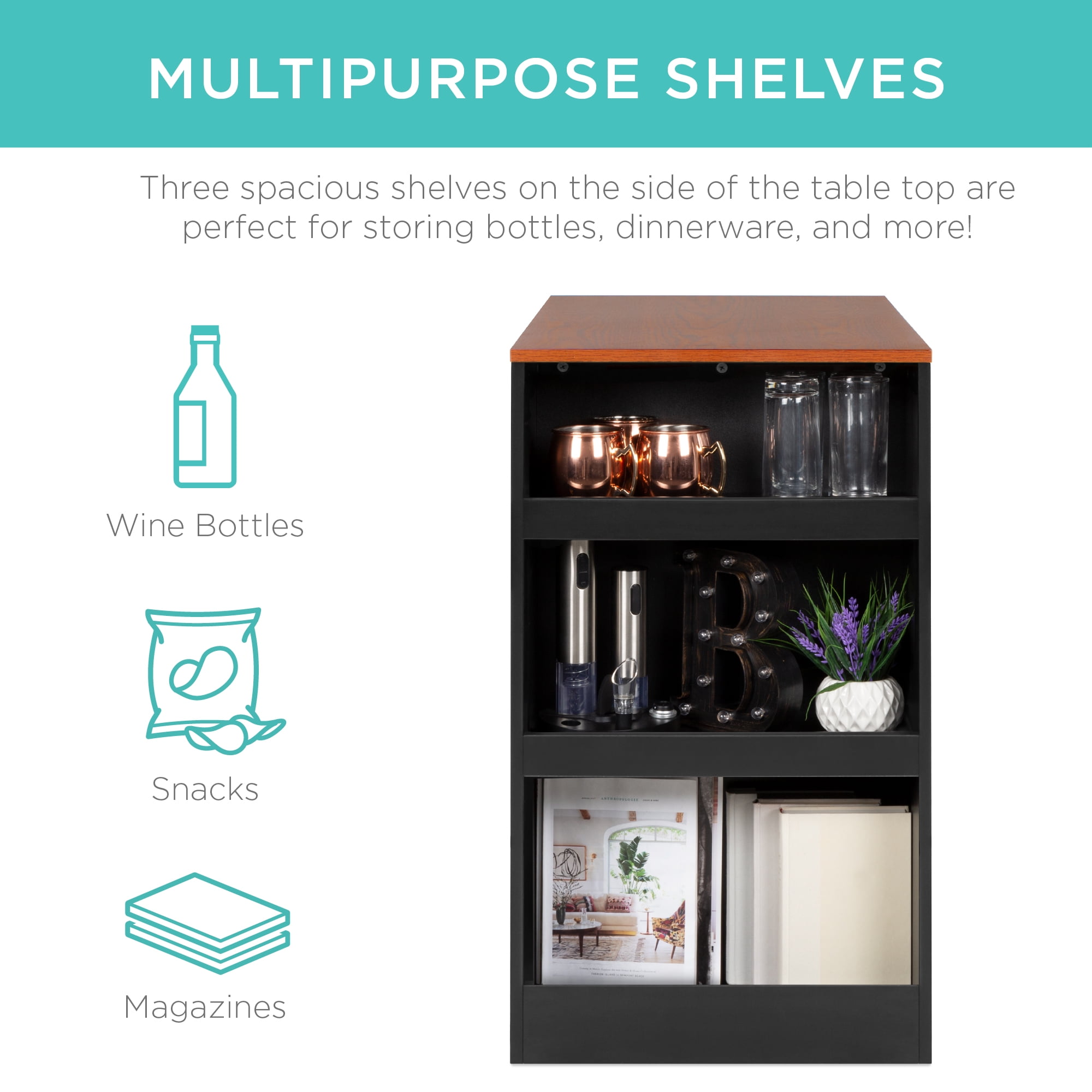 Best Choice Products 3-Piece Wooden Counter Height Dining Table Set for Kitchen, Dining Room w/ Storage - Espresso - Image 6