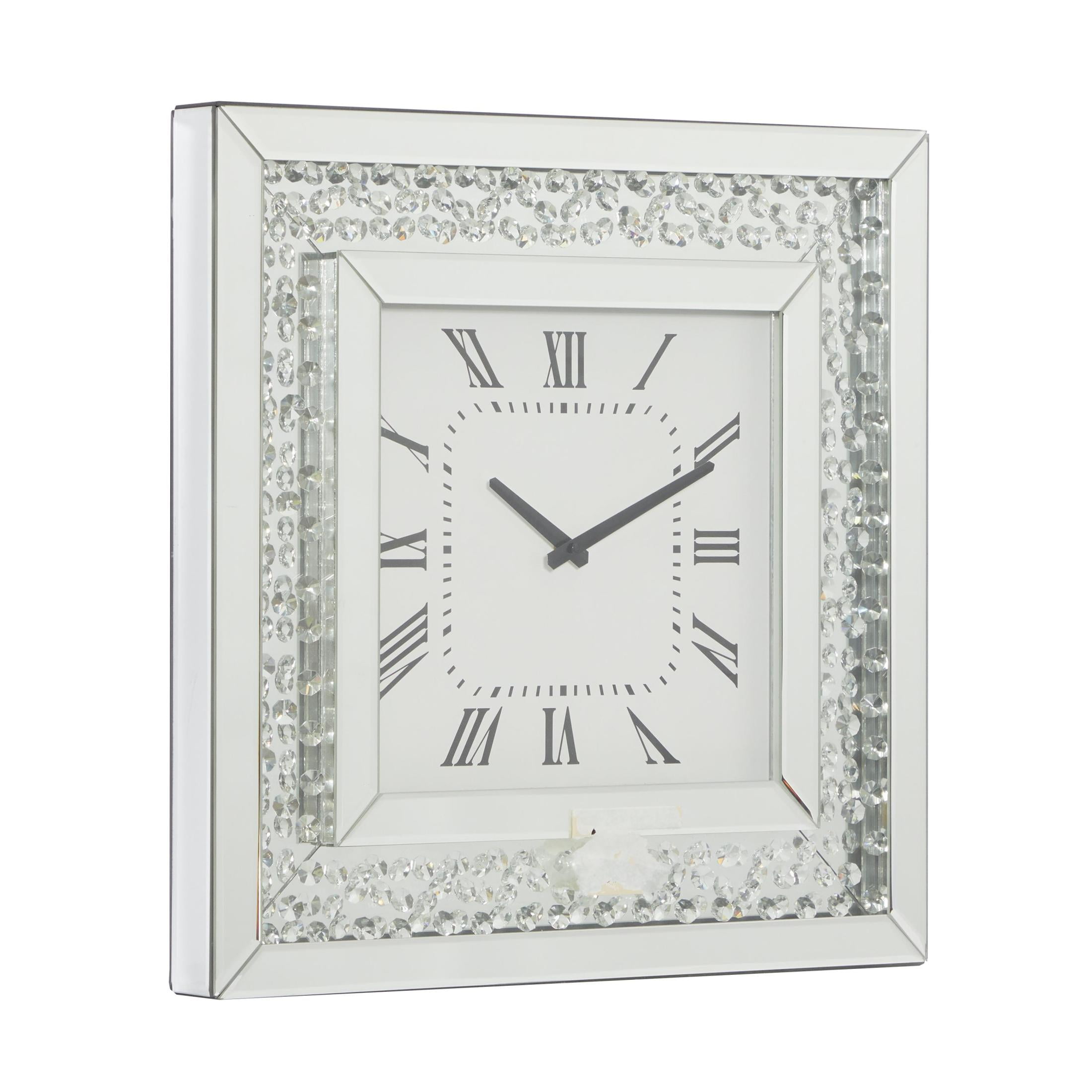 DecMode 2" Silver Wooden Mirrored Wall Clock with Floating Crystals - Image 3