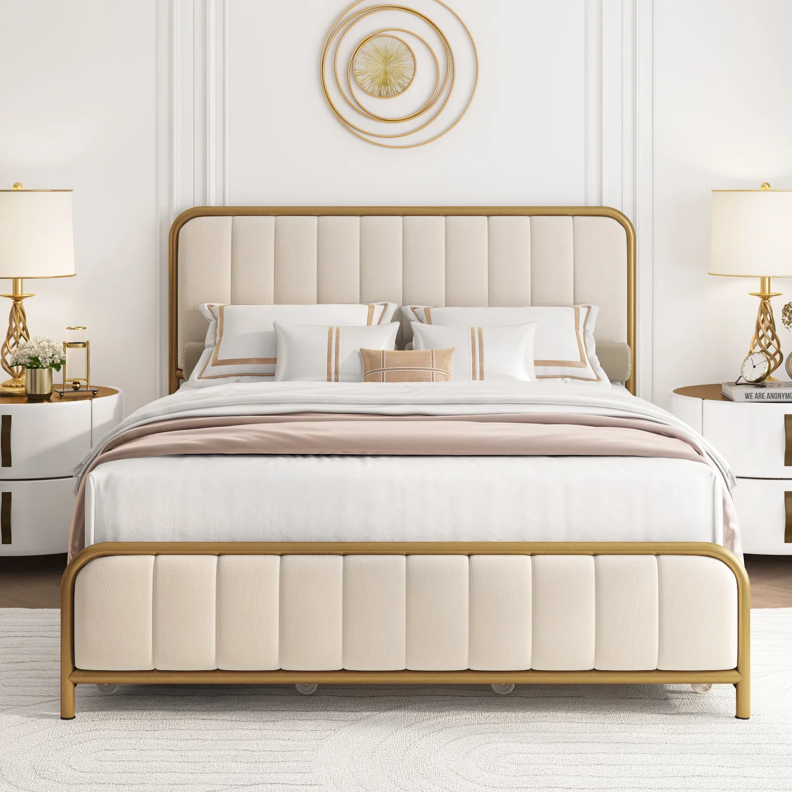 Homfa Queen Size 4 Storage Drawers Bed, Gold Platform Bed Frame with Tufted Upholstered Headboard, Gold and Beige - Image 3