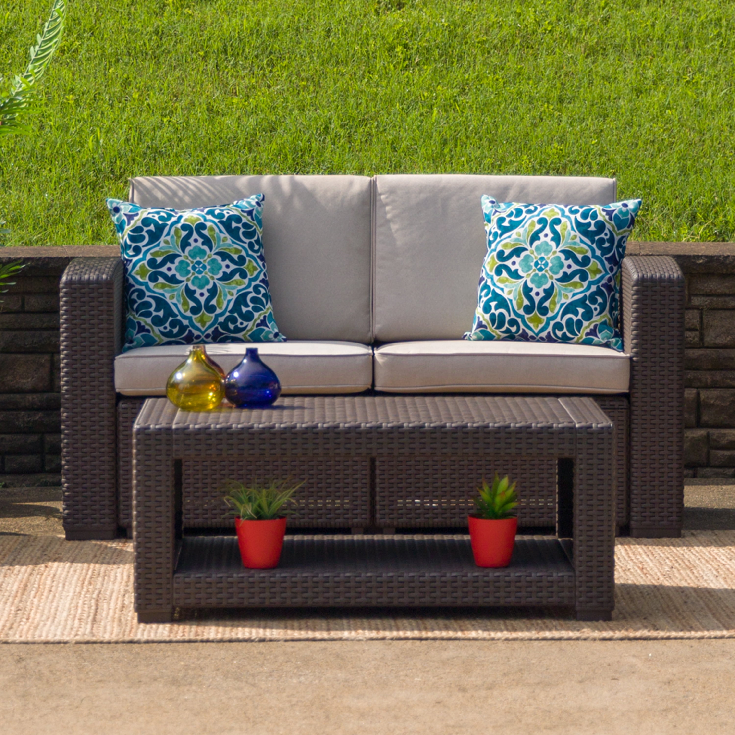 Flash Furniture Seneca Chocolate Brown Faux Rattan Loveseat with All-Weather Beige Cushions - Image 7