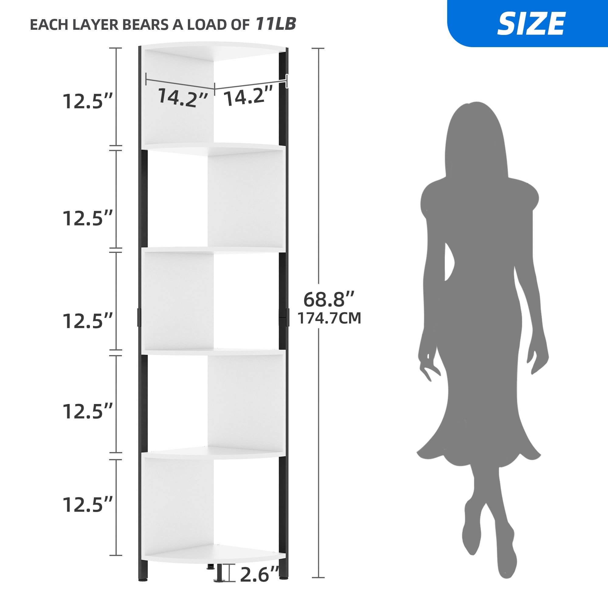 Dextrus 6-Tiers Corner Shelf, Narrow Open Shelf, Modern Corner Bookshelf & Bookcase, Corner Storage Rack Plant Stand for Home Office, White - Image 9