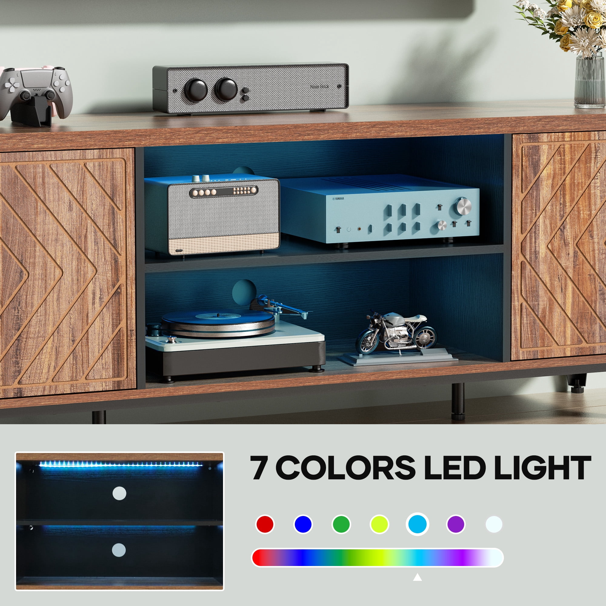 MARNUR 59" TV Stand for TVs up to 65", Entertainment Center Media Console Table with Storage, LED Light for Living Room, Mid-Century, Rustic Oak - Image 5