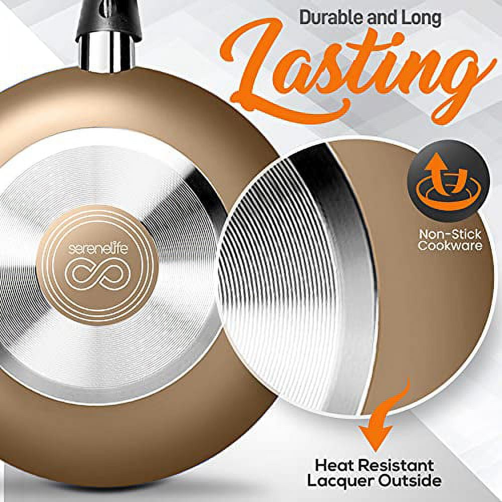 SereneLife 11 Piece Pots and Pans Non Stick Kitchenware Cookware Set, Gold - Image 3