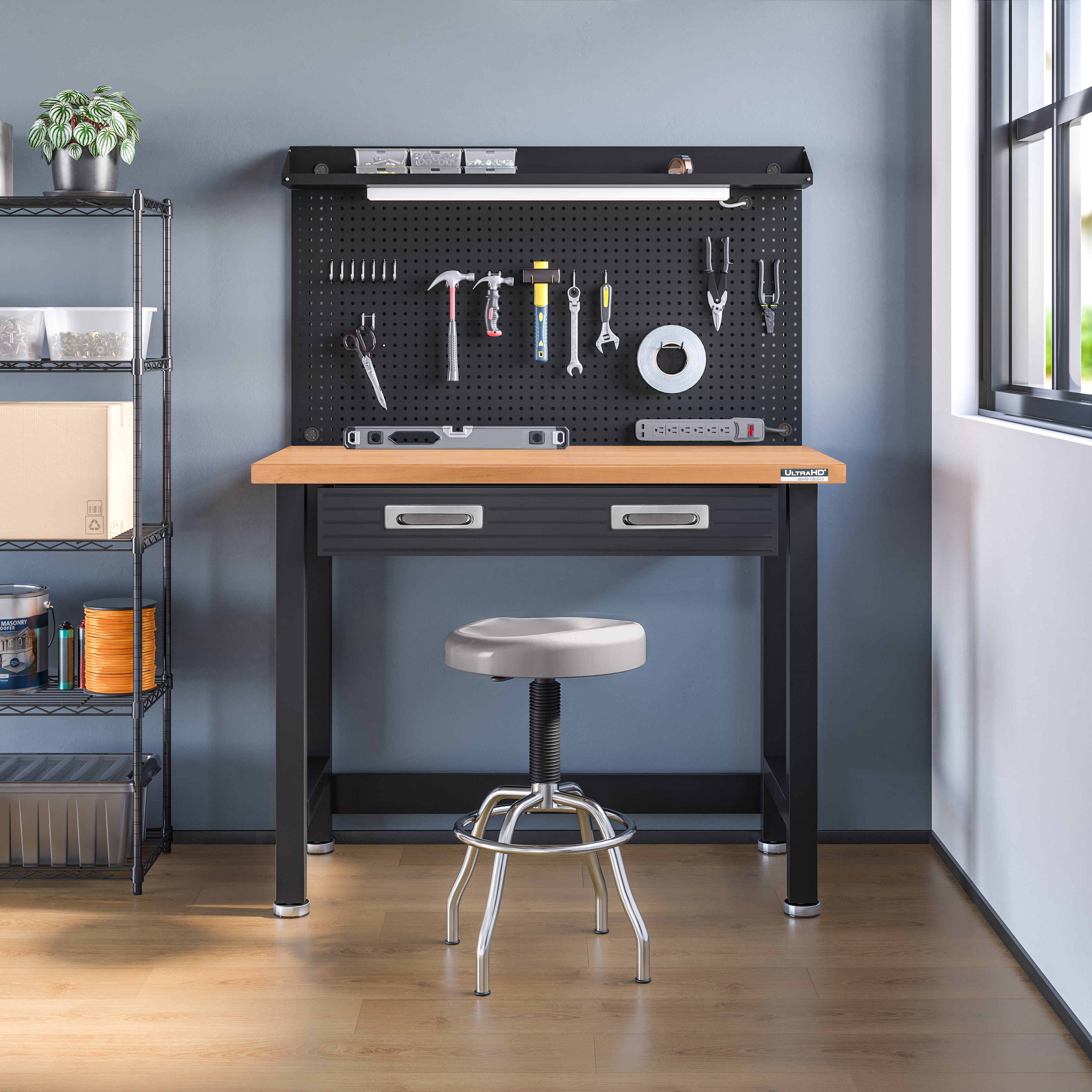 Seville Classics UltraHD® Heavy Duty Commercial Lighted Workcenter Workbench w/ Pegboard, Graphite, 48" W x 24" D x 65.5" H - Image 8