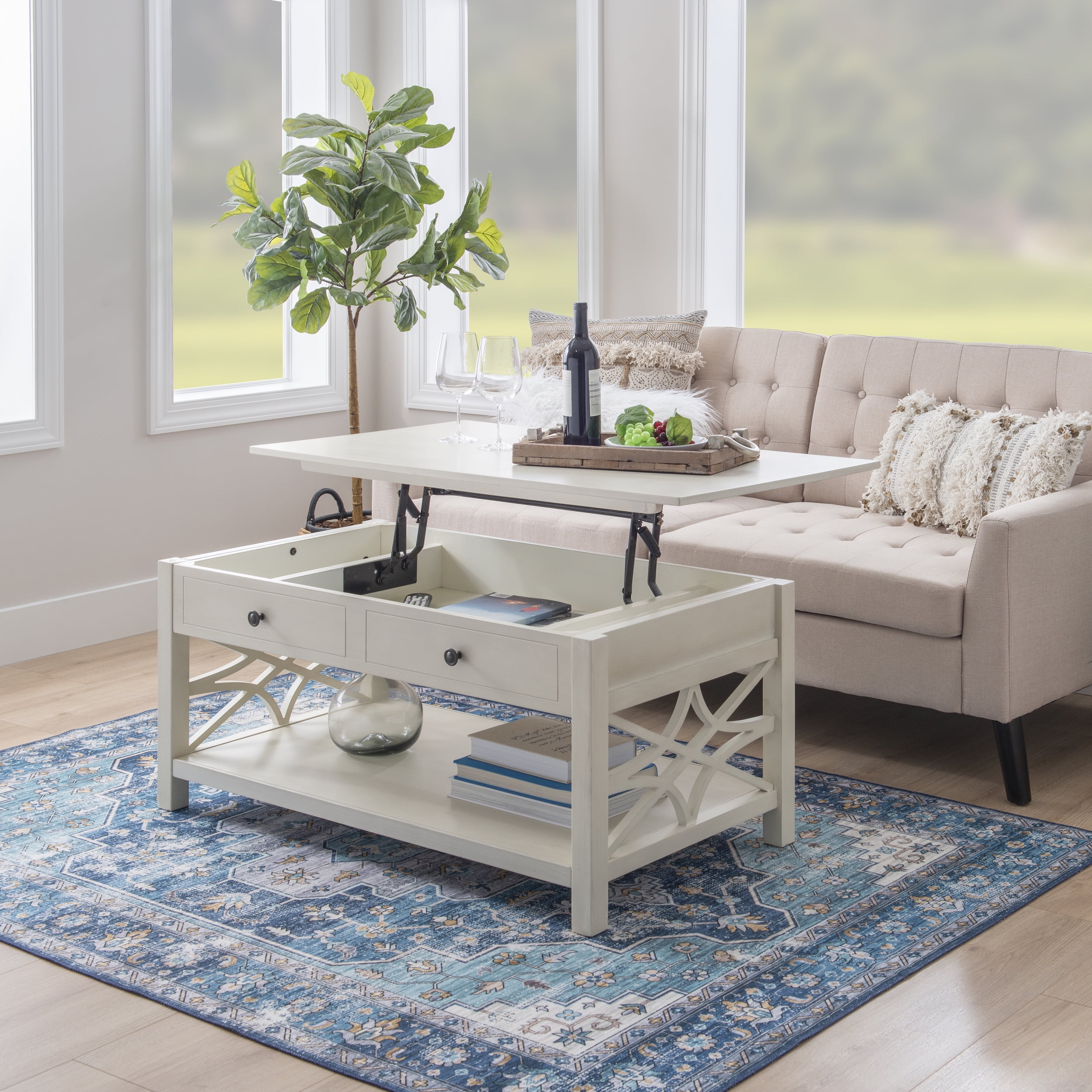 Linon Lift Top Storage Pine Wood Coffee Table, White - Image 12