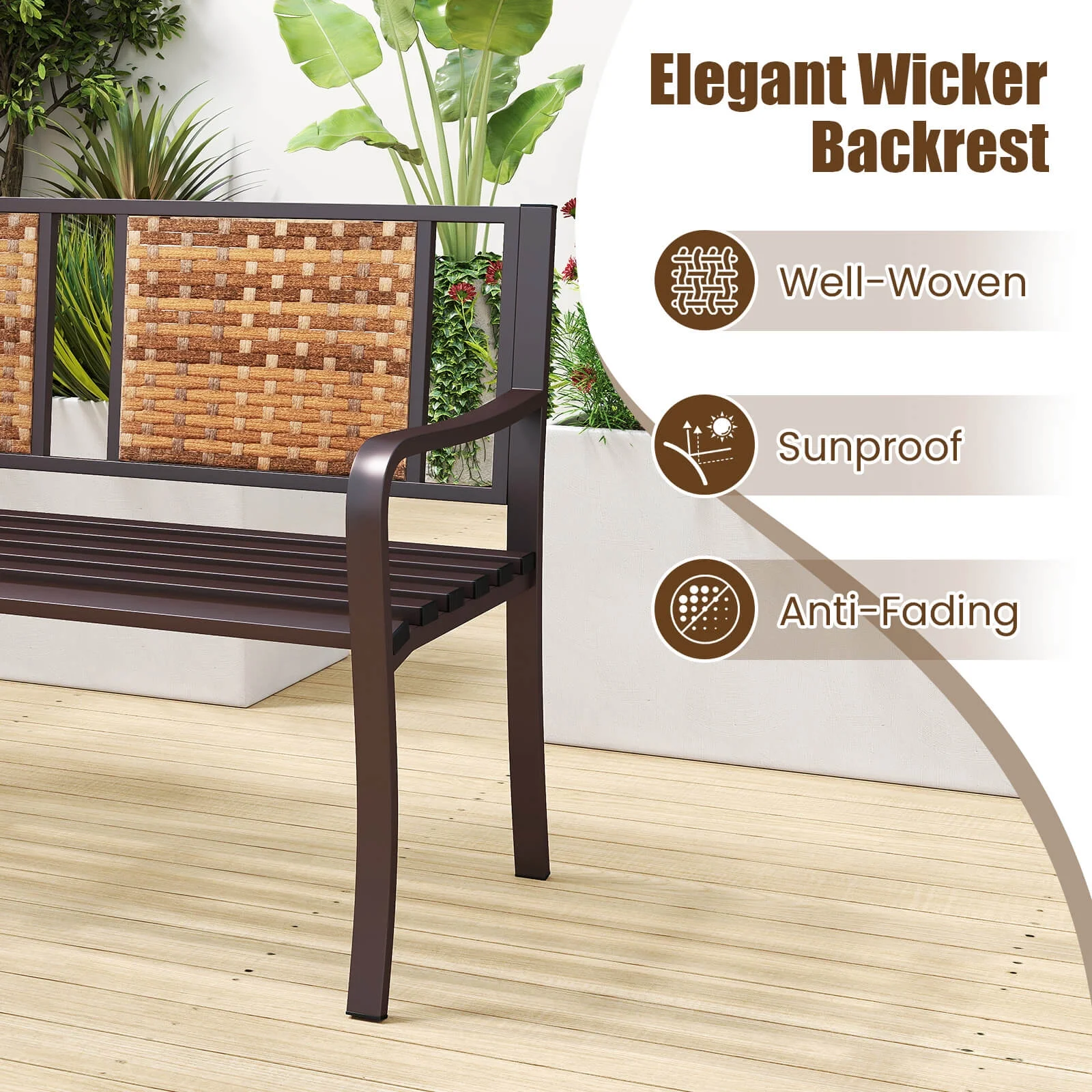 Costway Patio Garden Bench Steel Frame Rattan Backrest Park Yard Outdoor Porch Furniture - Image 2