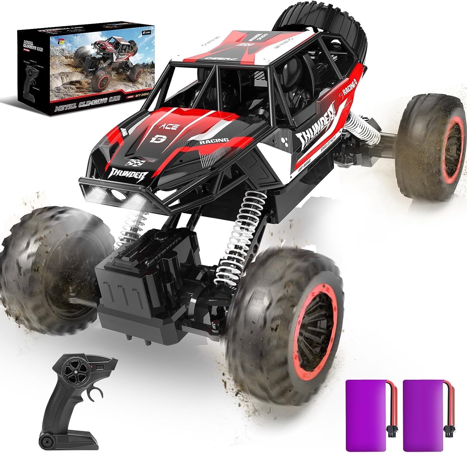 1:12 RC Cars 4WD off Road 2.4Ghz RC Monster Truck with Metal Shell and Light, Remote Control Car Crawler for Adult and Kid, 2 Batteries, Red - Image 6