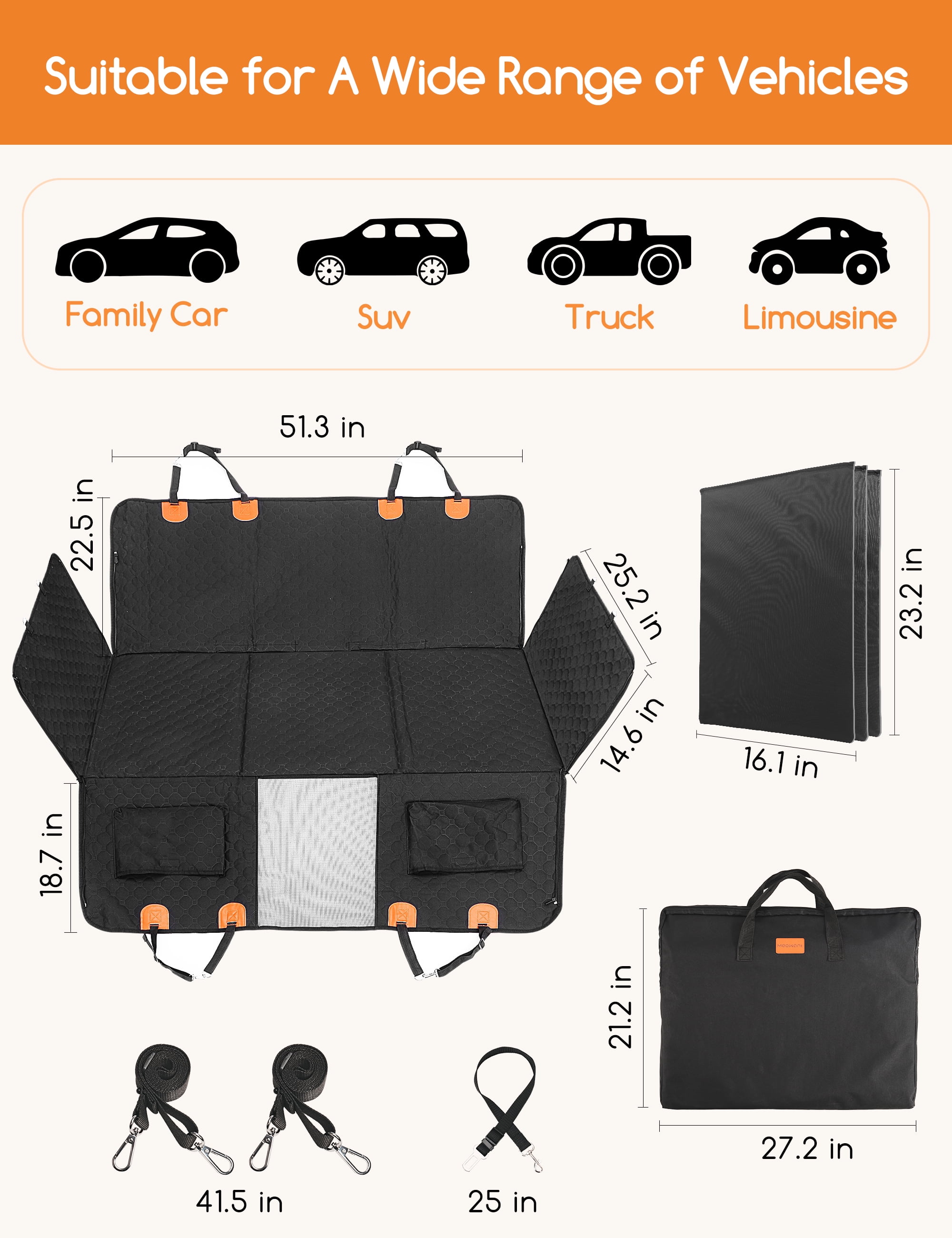 Dog Hammock for Car with Hard Bottom,52* 25“ Dog Car Seat Cover for Back Seat Waterproof for Cars/SUV, Black - Image 8