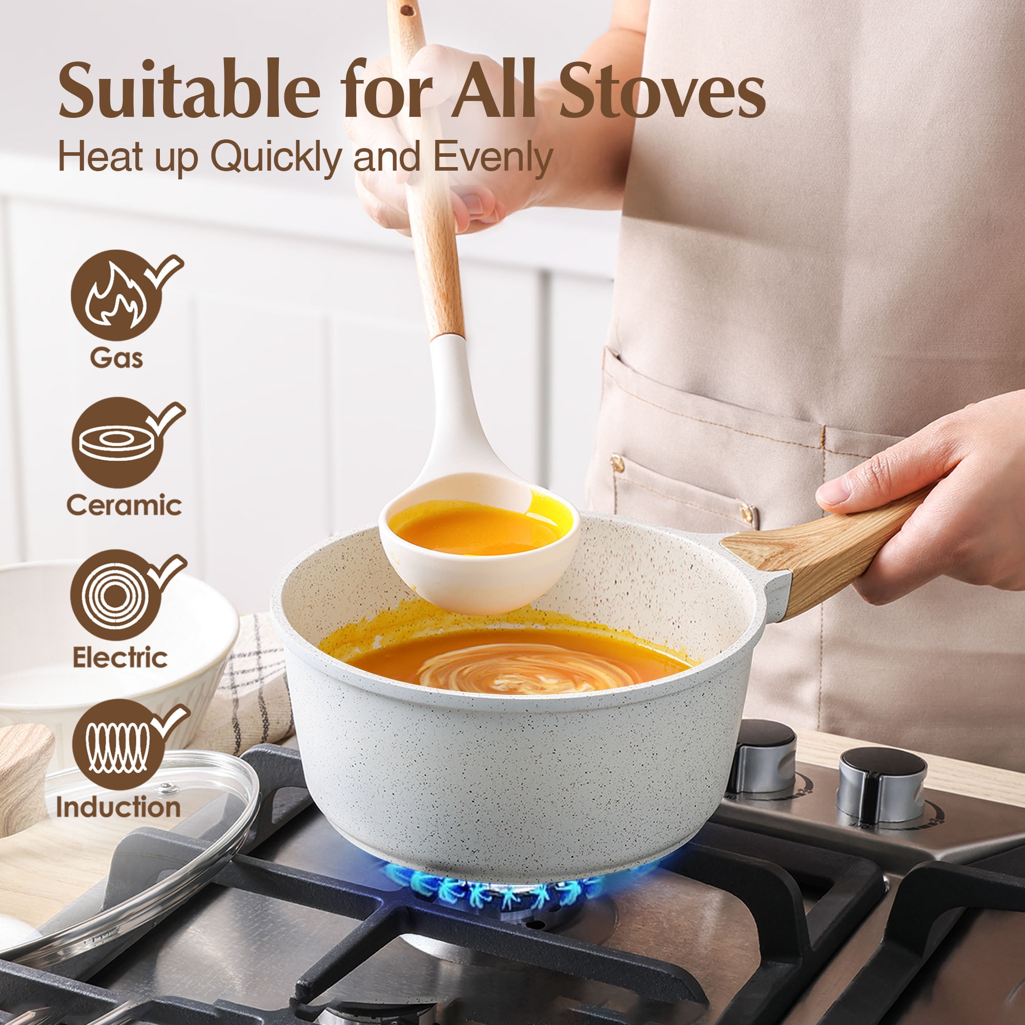 SENSARTE Ceramic Nonstick Pots and Pans Set, 17Pcs Healthy Non Stick Cookware Set with Pots Protectors, Induction Kitchen Cookware Sets White - Image 6
