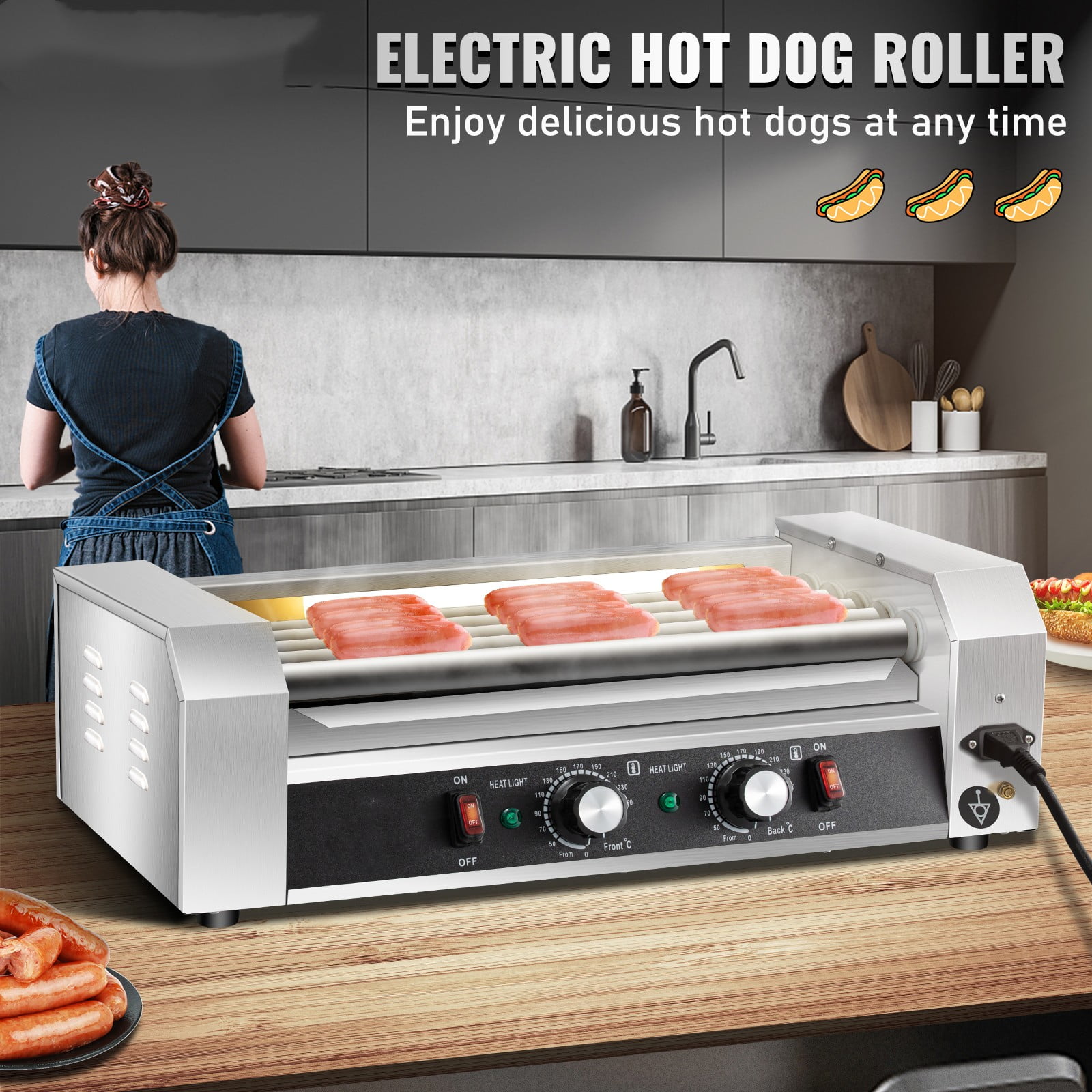BENTISM Commercial 12 Hot Dog 5 Roller Grill Cooker Machine Stainless Steel 750W - Image 2