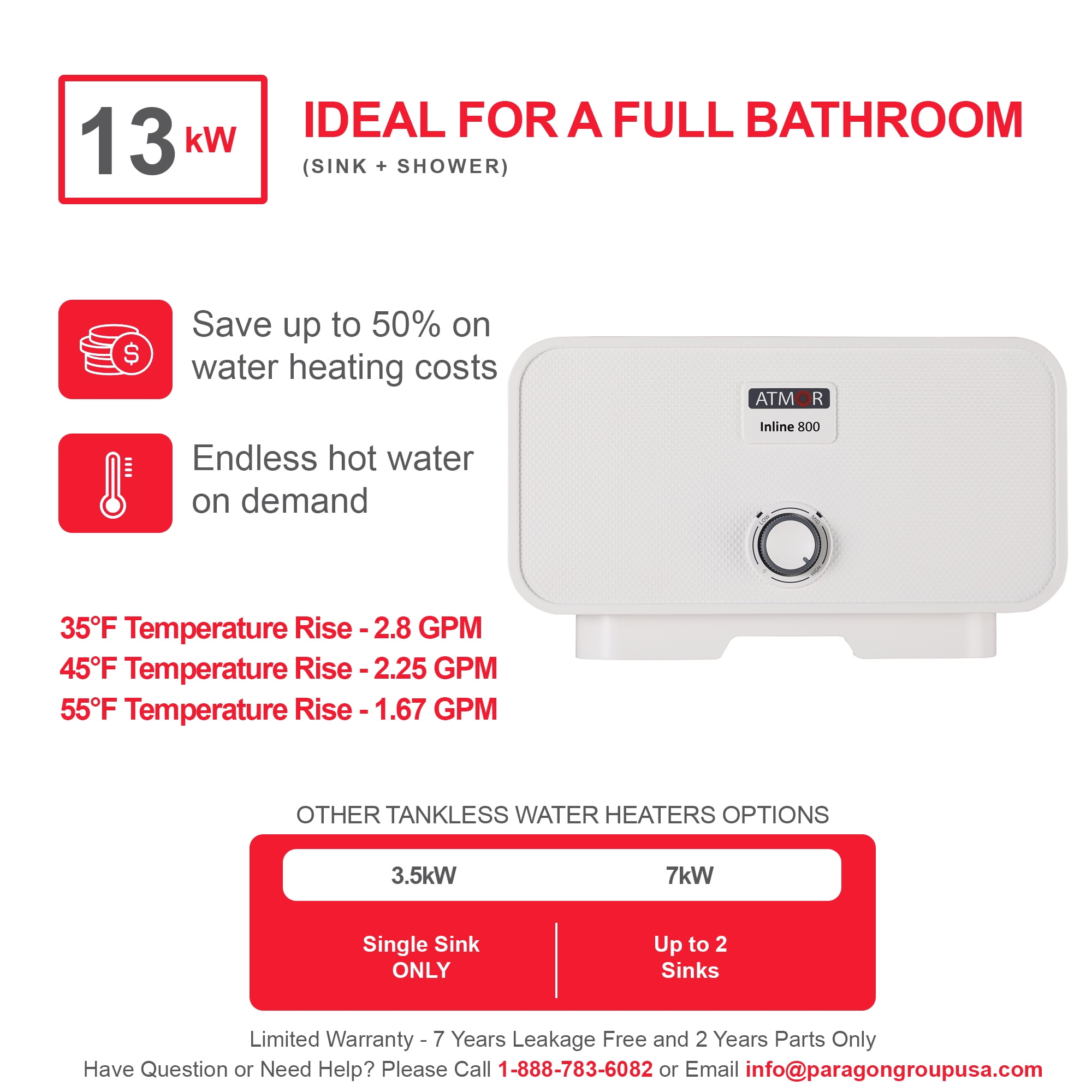 Atmor 13kW/240V Electric Tankless Water Heater Includes Pressure Relief Device, Ideal for a Full Bathroom - Image 3