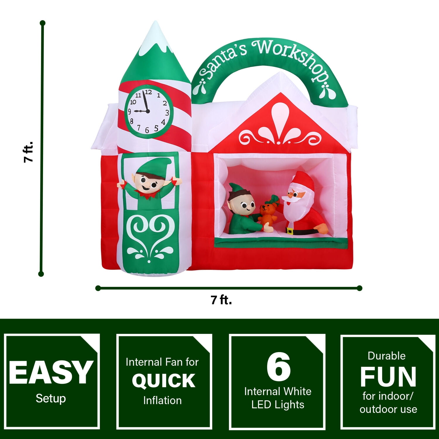 Fraser Hill Farm 7 ft Pre-Lit Inflatable Santa's Workshop, FHFSNTWRKSP071-L - Image 9