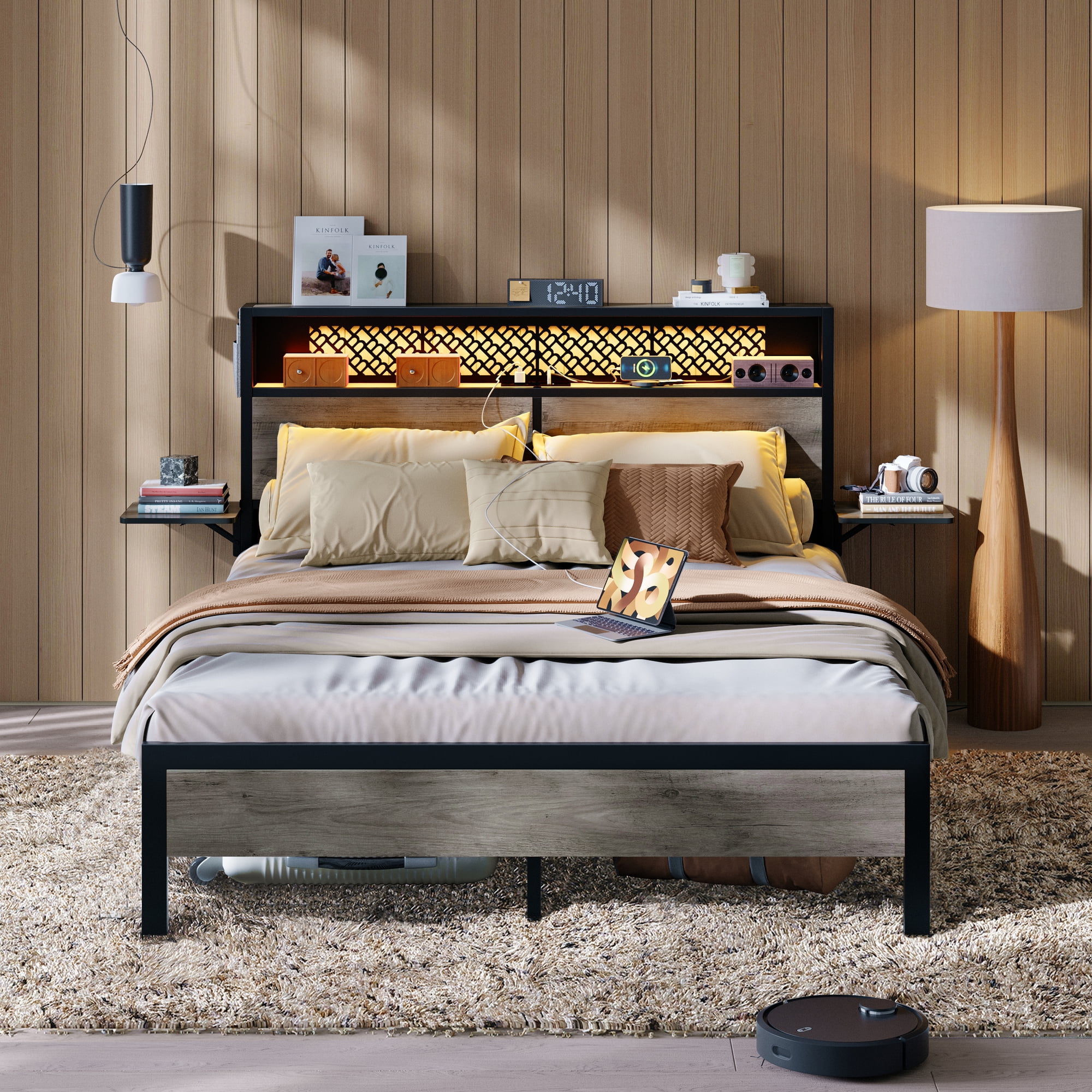 Bestier Queen Size Platform Bed Frame with Wood Foldable Bedside Shelves and LED Storage Headboard Charge Station, Gray - Image 7