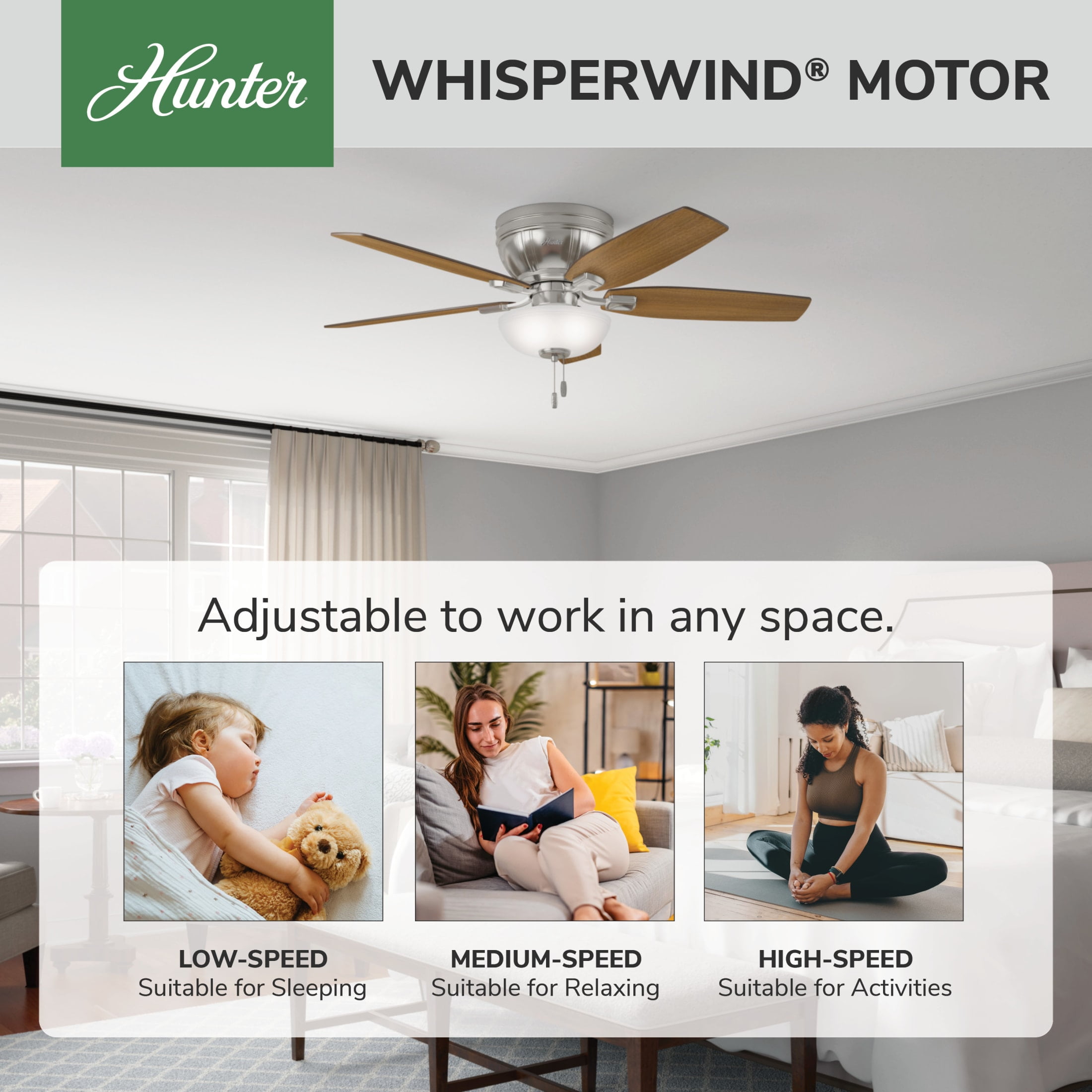 Hunter - Kenbridge Indoor Low Profile Ceiling Fan With Light, 52-inch, Brushed Nickel, Rustic-style, 3-speed WhisperWind Motor, 53380, for Living Rooms, Bedrooms - Image 13