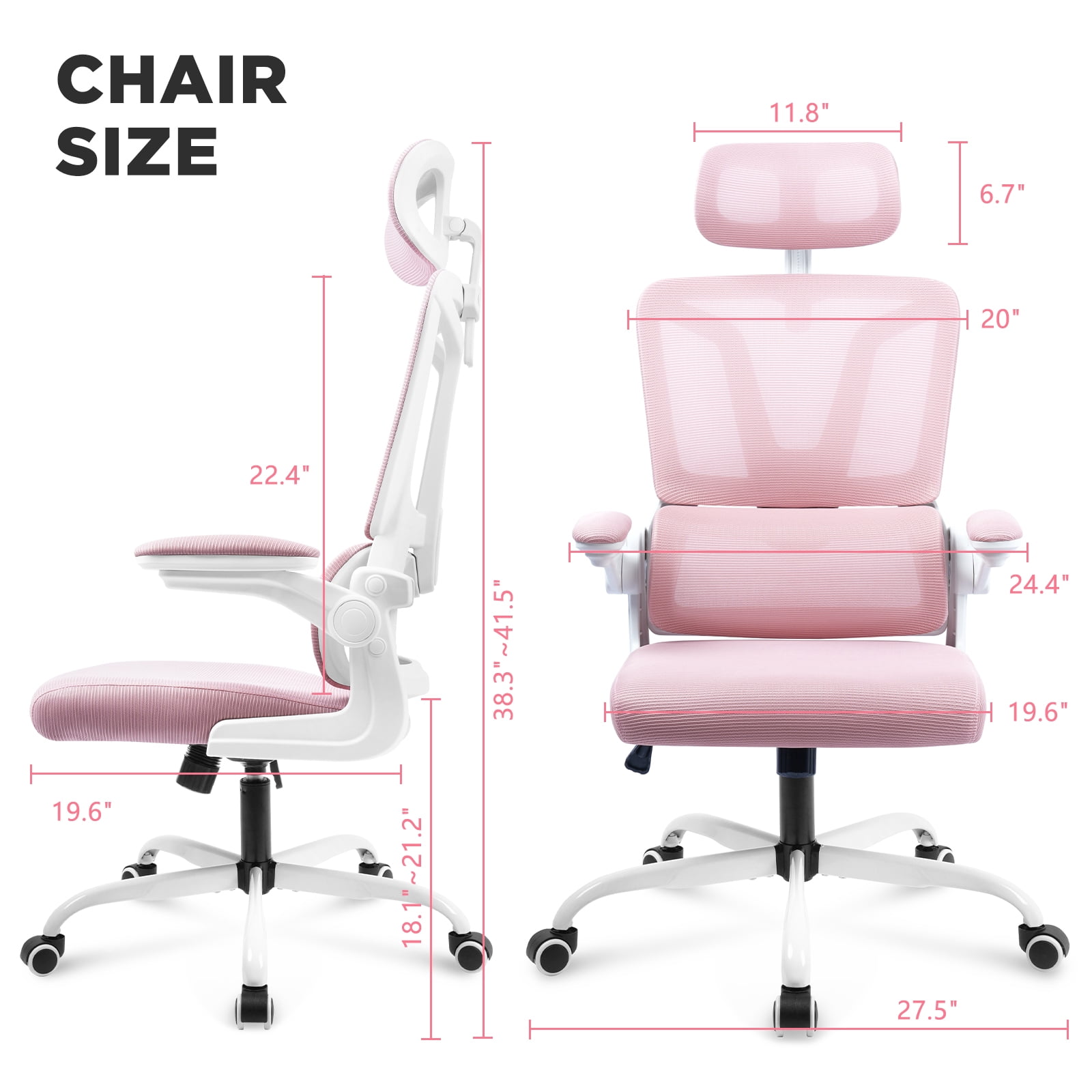 Soontrans Ergonomic High Back Office Chair, Mesh Computer Desk Chair with Lumbar Support Flip-up Armrests, Adjustable Arms & Headrest, Pink - Image 8