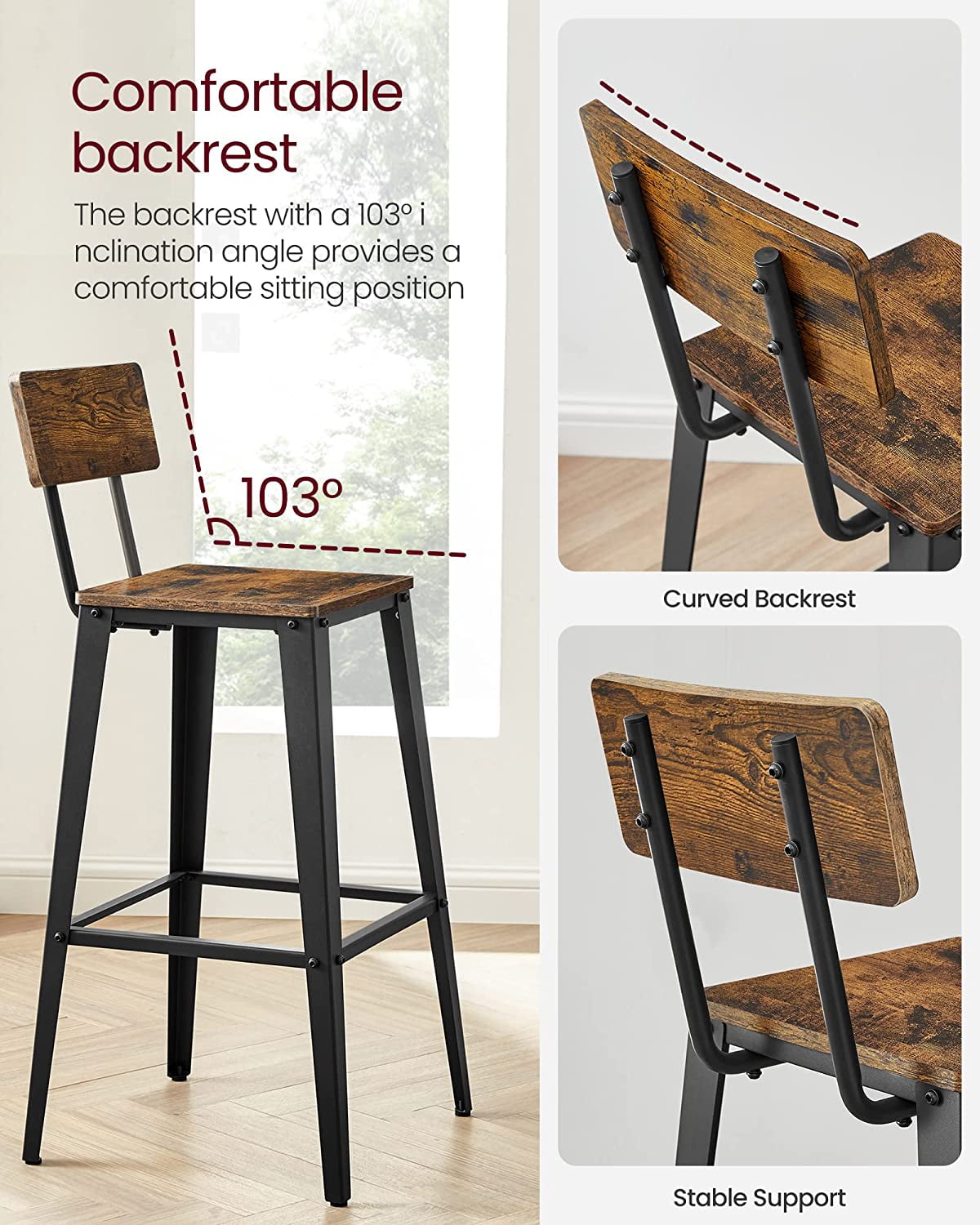 VASAGLE Bar Height Stool Tall Backrest Bar Stool, Rustic Brown & Black (Set of 2) - Image 2