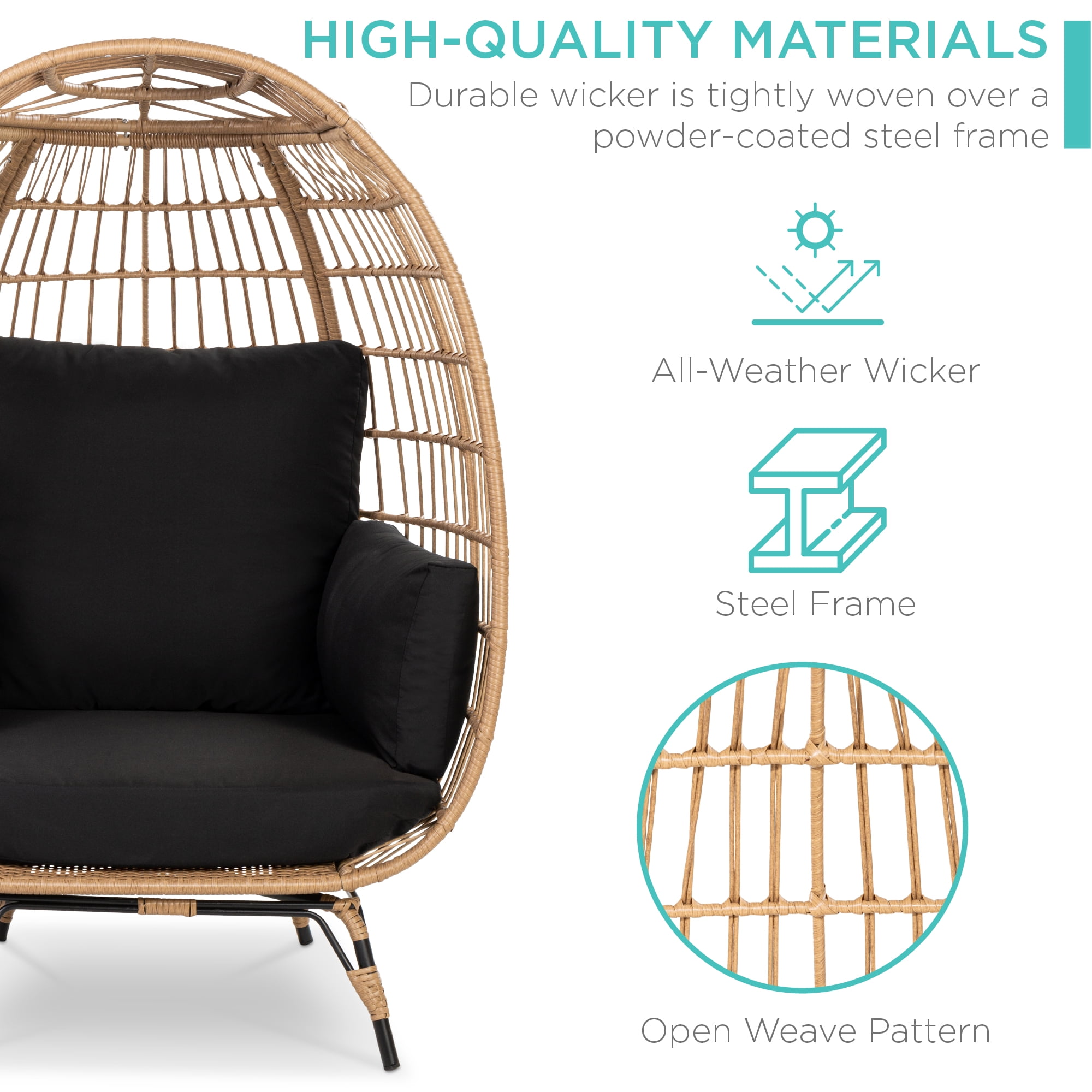 Best Choice Products Wicker Egg Chair Oversized Indoor Outdoor Patio Lounger w/ Steel Frame, 440lb Capacity - Black - Image 6