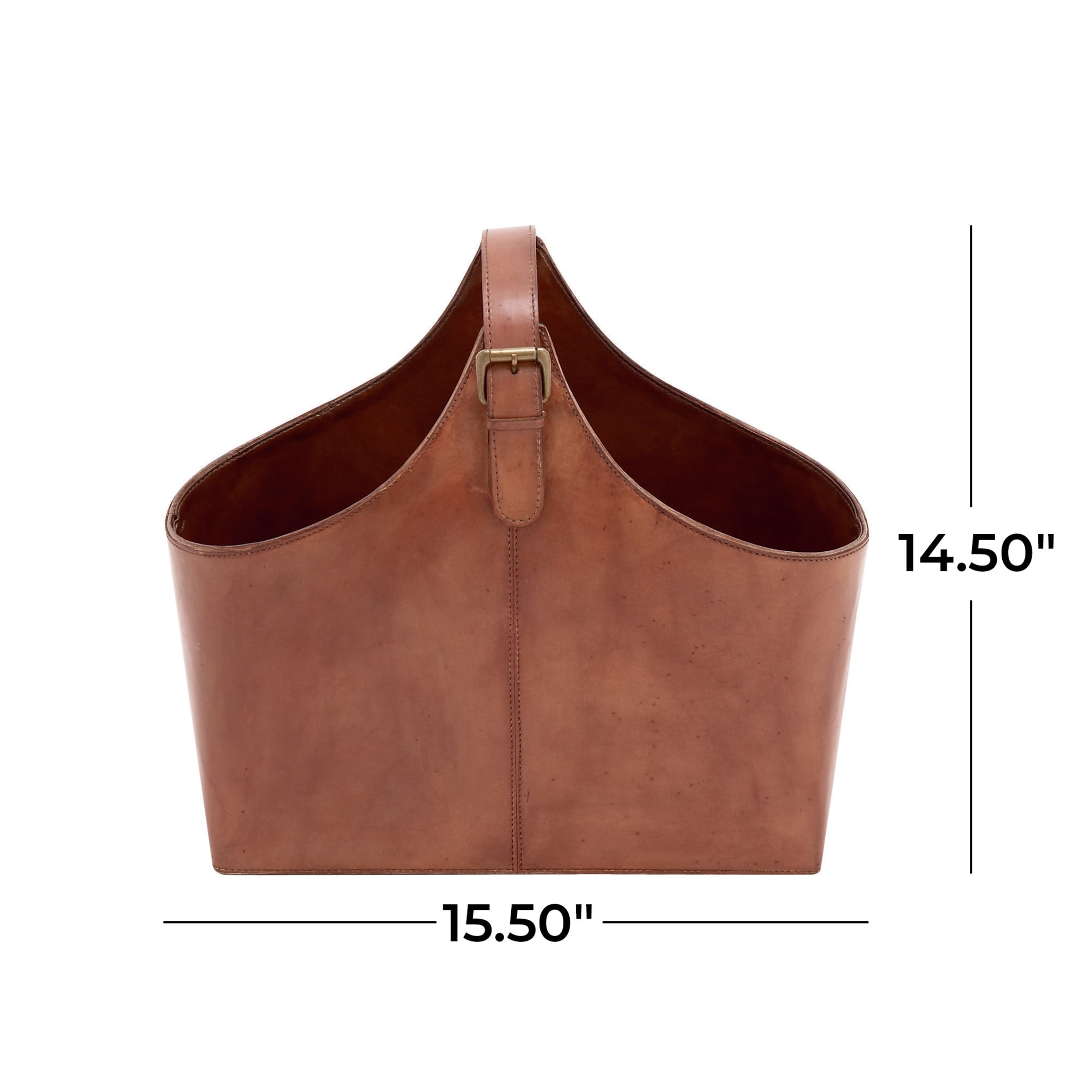 DecMode 15" Brown Leather Handmade Box Style Magazine Holder with Detail Stitching and Curved Buckle Handle - Image 3
