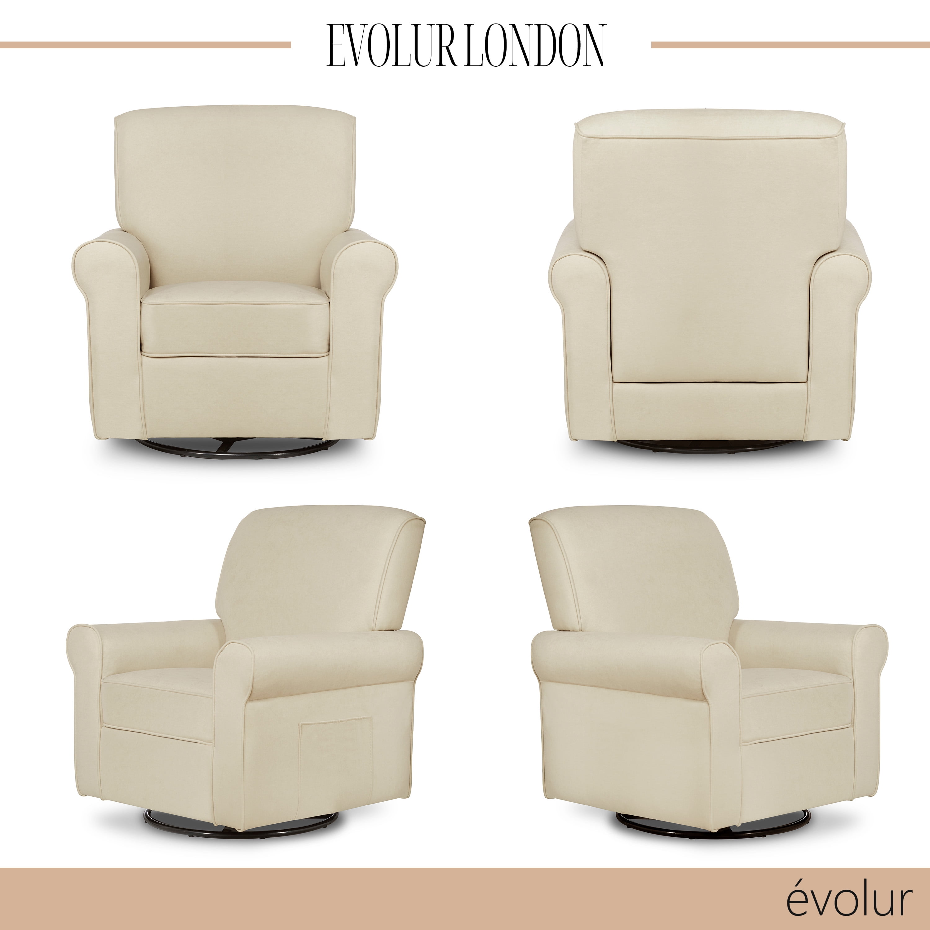 Evolur London Upholstered 360 Swivel l Glider I Rocker I Nursery Glider I Durable Soft Fabric in Beige - Image 8