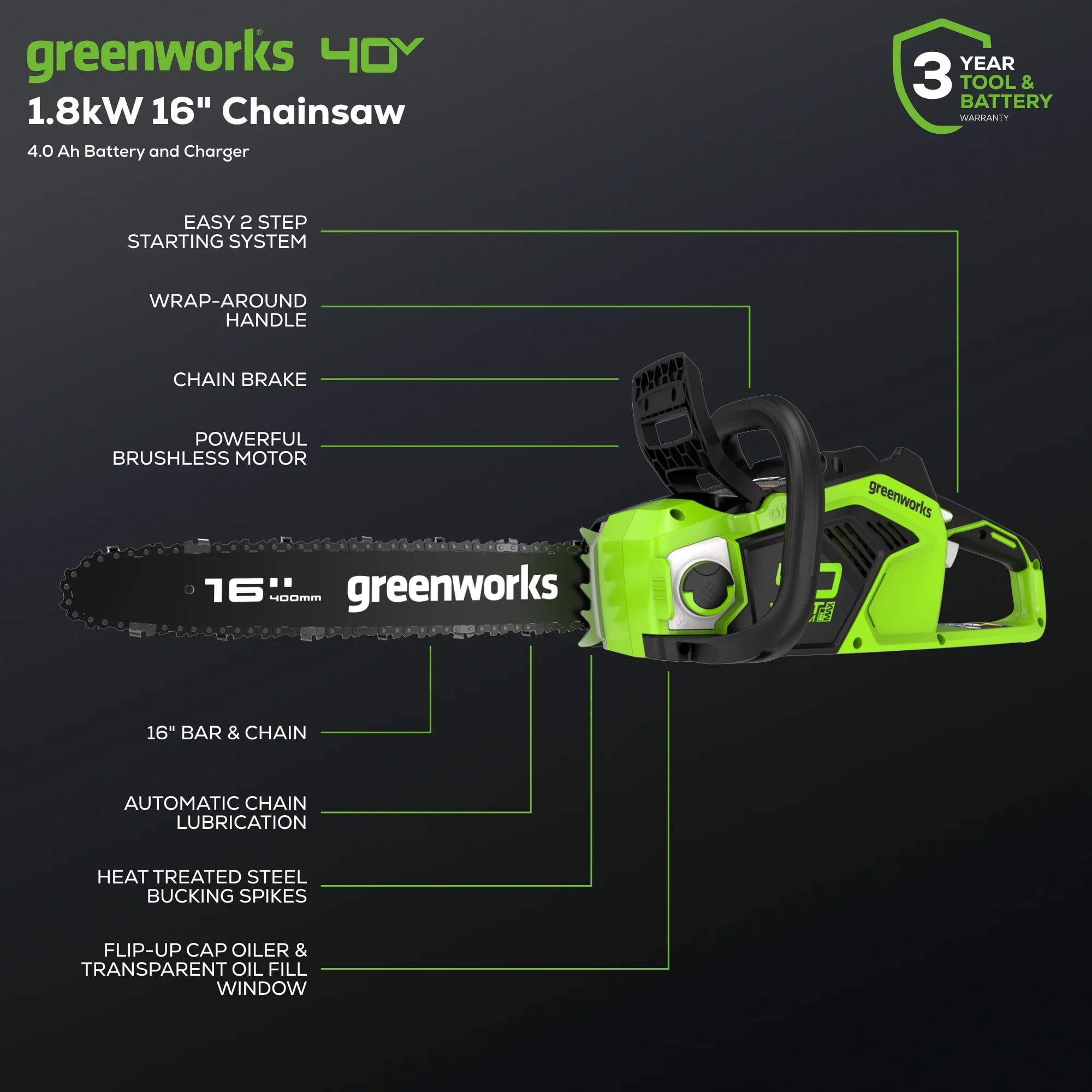 Greenworks 40V 16" Brushless Chainsaw with 4 Ah Battery & Charger 2016802AZ - Image 2