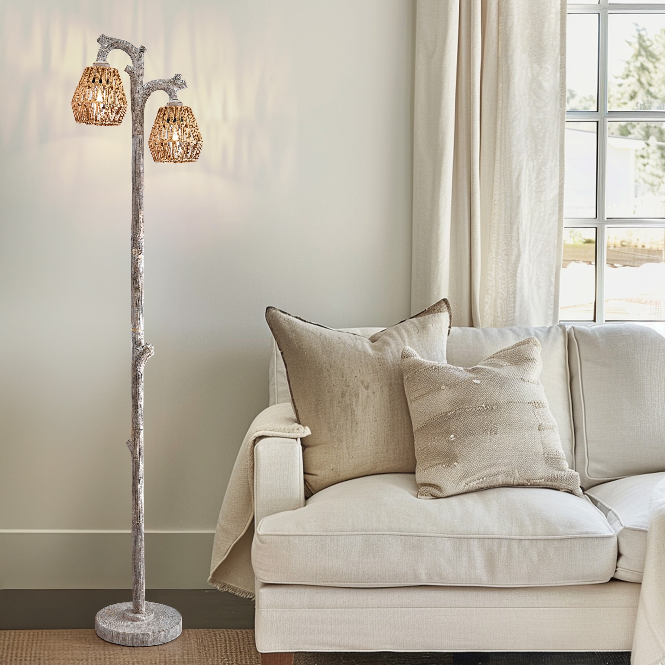 Oneach 62.25" Farmhouse Floor Lamp for Living Room with Rattan Lamp Shade,Retro Tree Trunk Deco Standing Lamp with Double Lamp Head for Bedroom,Office,Decor,Lighting - Image 7