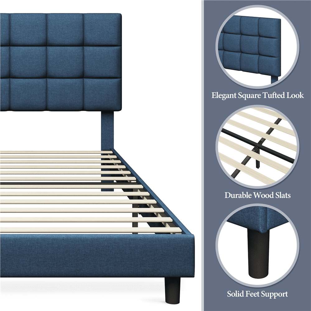 Yaheetech Modern Upholstered Platform Bed with Adjustable Tufted Headboard , Queen Size, Navy Blue - Image 9
