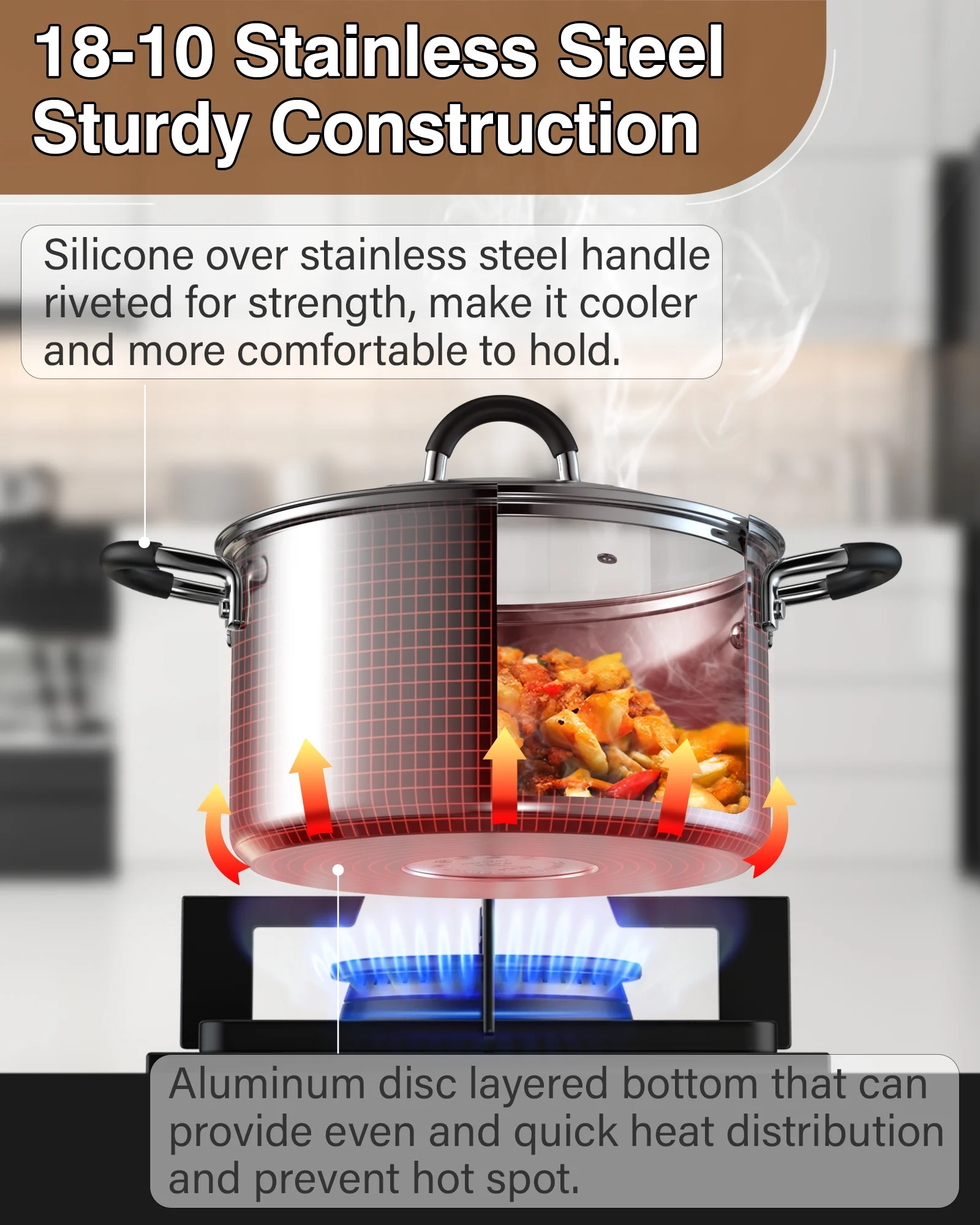 Cook N Home Stainless Steel Cookware Sets 10-Piece, Pots and Pans Kitchen Cooking Set with Stay-Cool Handles, Dishwasher Safe, Silver - Image 2