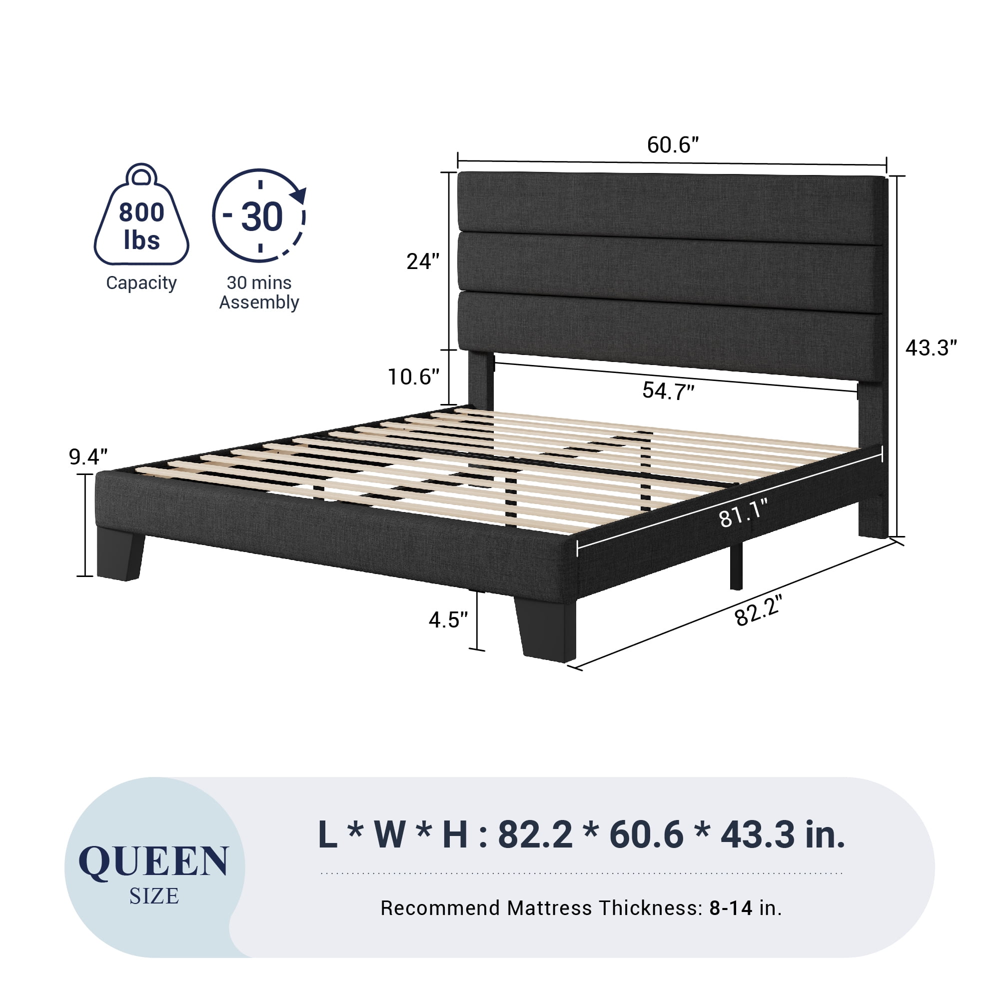 Allewie Queen Size Platform Bed Frame with Fabric Upholstered Headboard, No Box Spring Needed, Dark Grey - Image 8