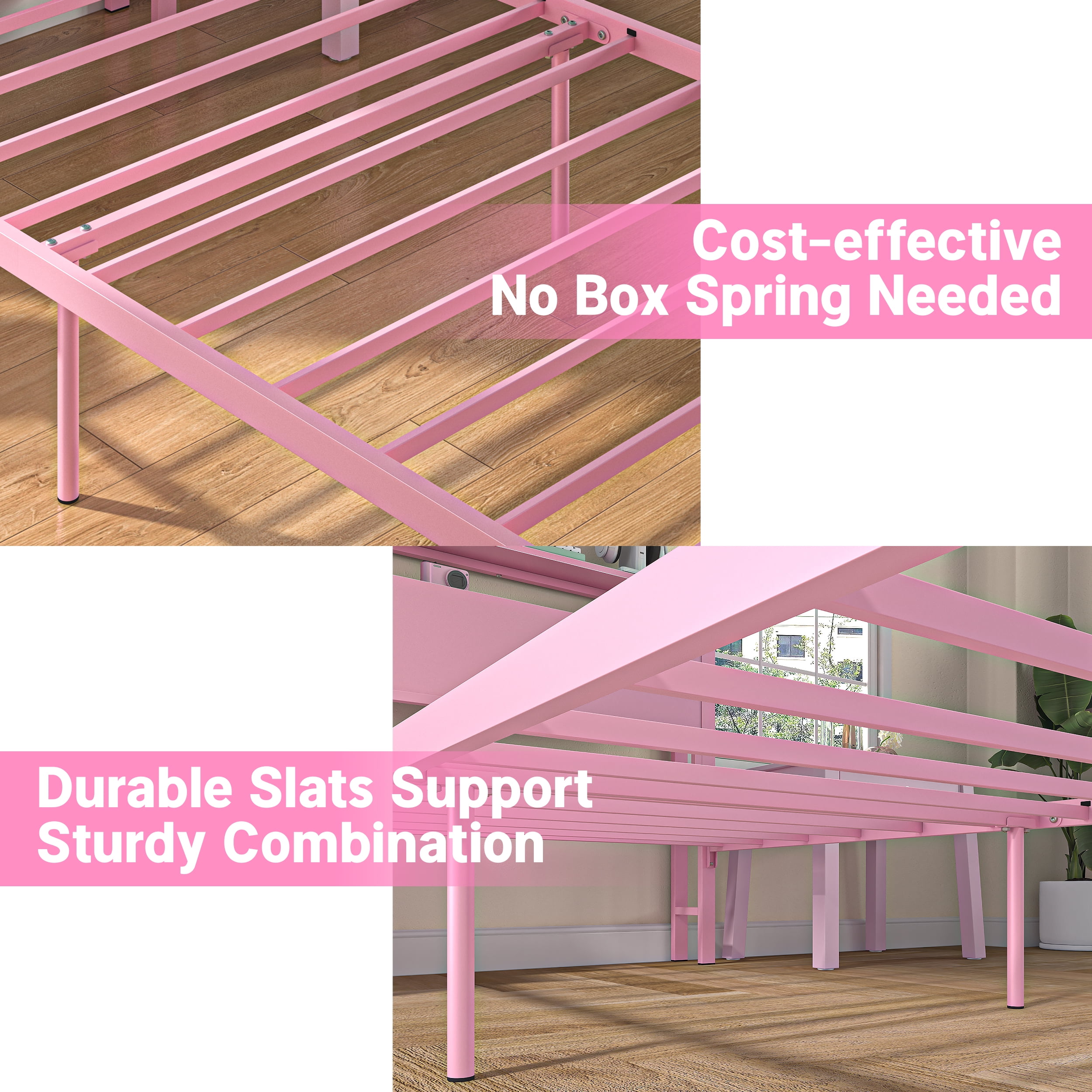 Yoneston 12" Twin Metal Bed Frame with 2-Tire Storage Headboard for Girls, Heavy Duty Platform Bed Frame Bedroom Furniture, Pink - Image 11