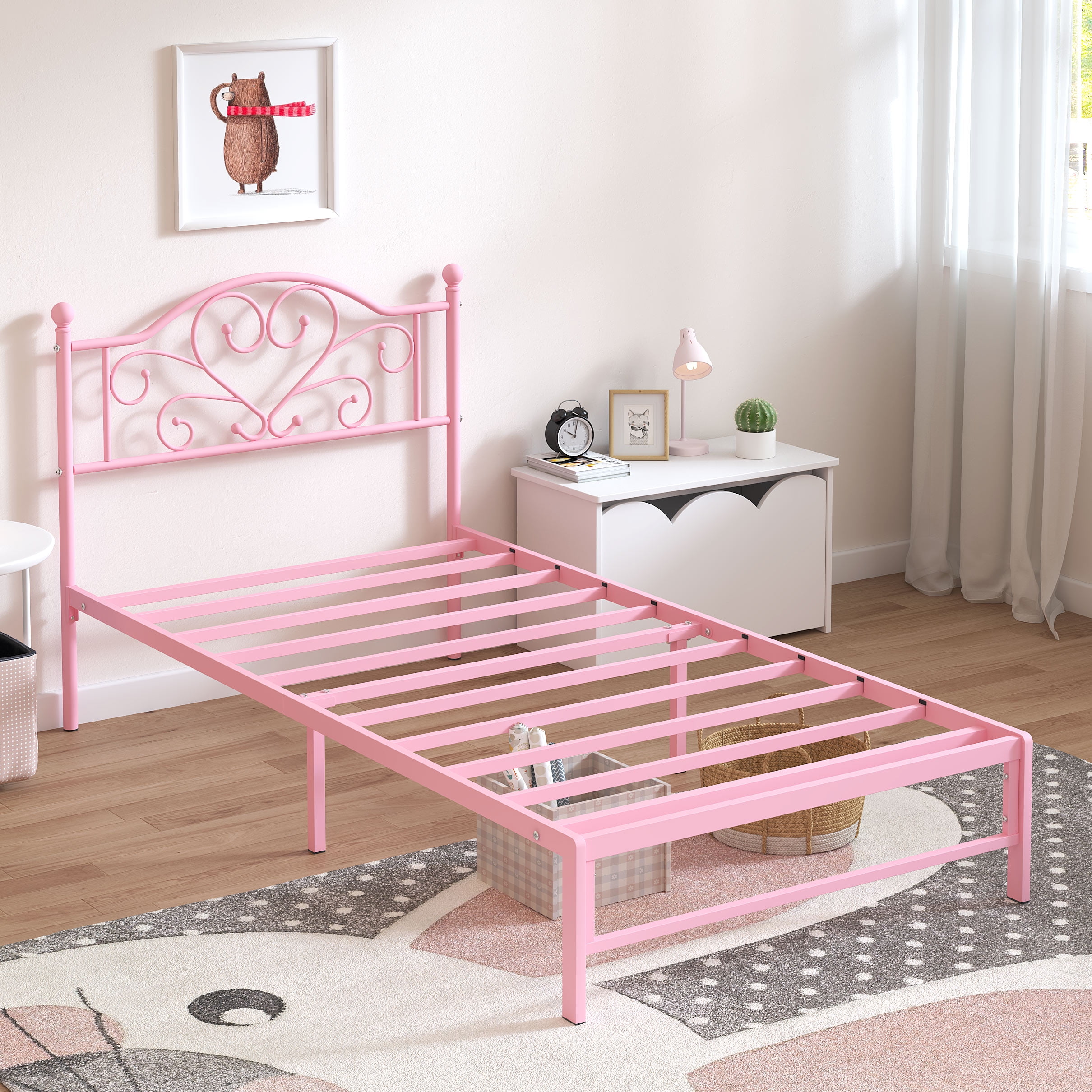 Yoneston Twin Metal Platform Bed Frame with Victorian Style Flower Heart Headboard, Heavy Duty Steel Slat Mattress Foundation for Kids Boys Girls, Pink - Image 10