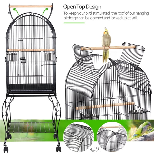 Alden Design Metal Rolling Bird Cage with 2 Feeders and 2 Wooden Perches, Black - Image 7