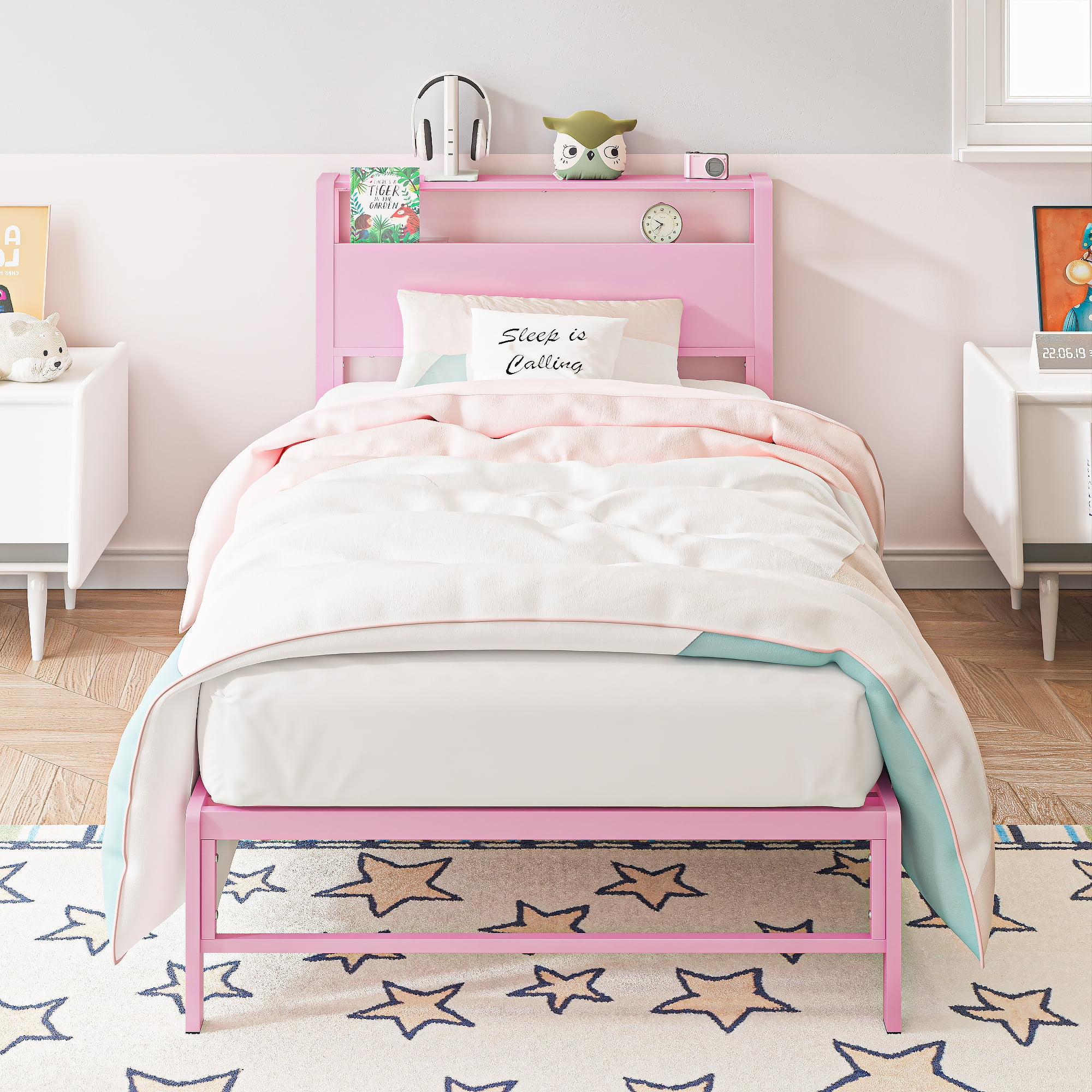 Yoneston 12" Twin Metal Bed Frame with 2-Tire Storage Headboard for Girls, Heavy Duty Platform Bed Frame Bedroom Furniture, Pink - Image 7