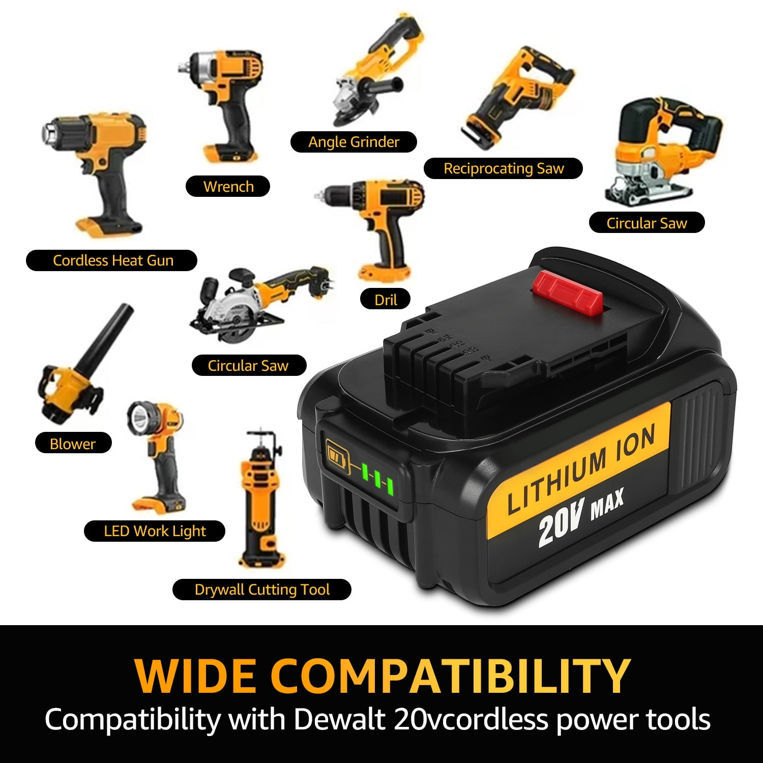 2pcs 20V 6.0Ah DCB200 Lithium Ion Replacement Dewalt Battery DCB206 DCB205 DCB204 Compatible with The Entire Line For DEWALT 20V MAX Tools - Image 2
