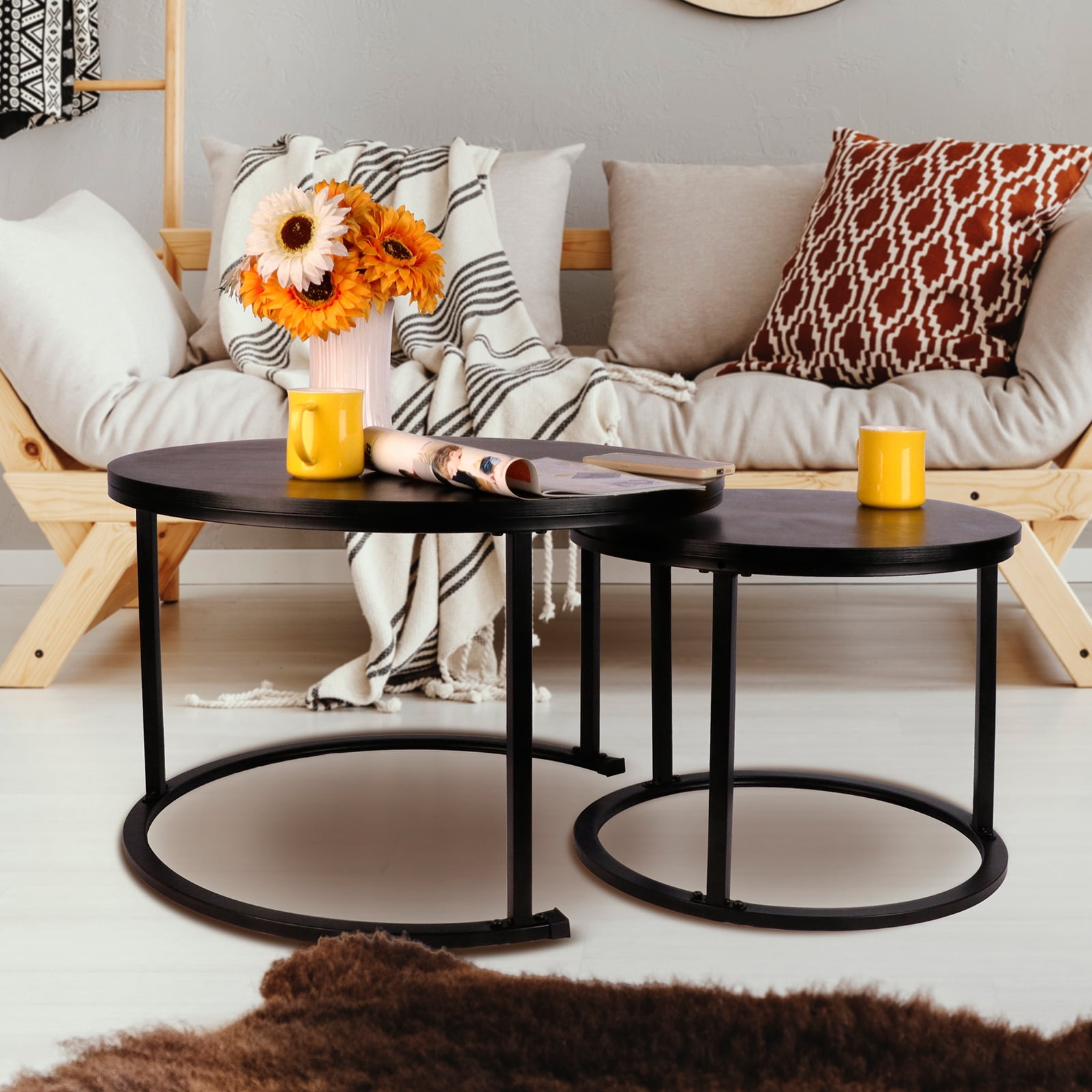 BIGTREE Modern Round Nesting Coffee Table Set 2 Pieces Solid Metal Frame for Home, Black - Image 4
