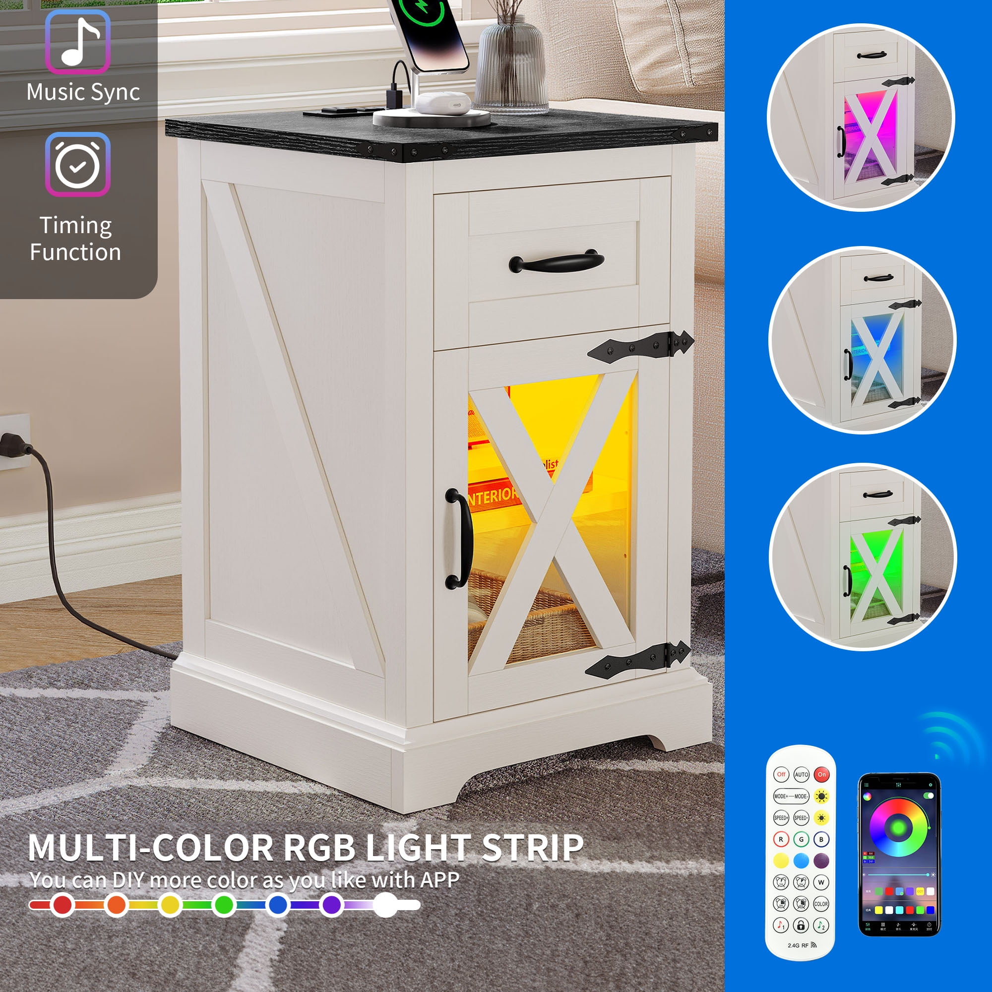 DEXTRUS Farmhouse Nightstand End Table with Charging Station and LED Lights, Side Table with Door & Storage Shelf Nightstand for Living Room Bedroom - White - Image 4