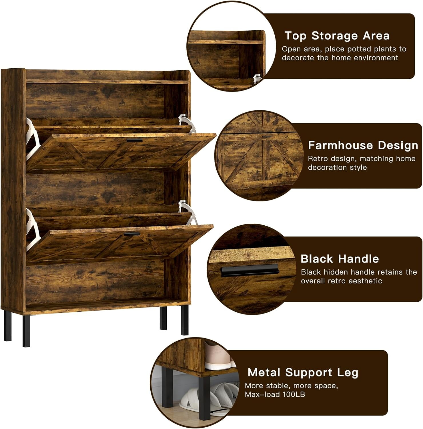 Vinform Farmhouse Shoe Storage Cabinet with 2 Flip Drawers for Entryway, Slim Wood Shoe Cabinet, Freestanding Narrow Shoe Rack Organizer with Metal Legs for Hallway Living Room (Rustic Brown) - Image 2
