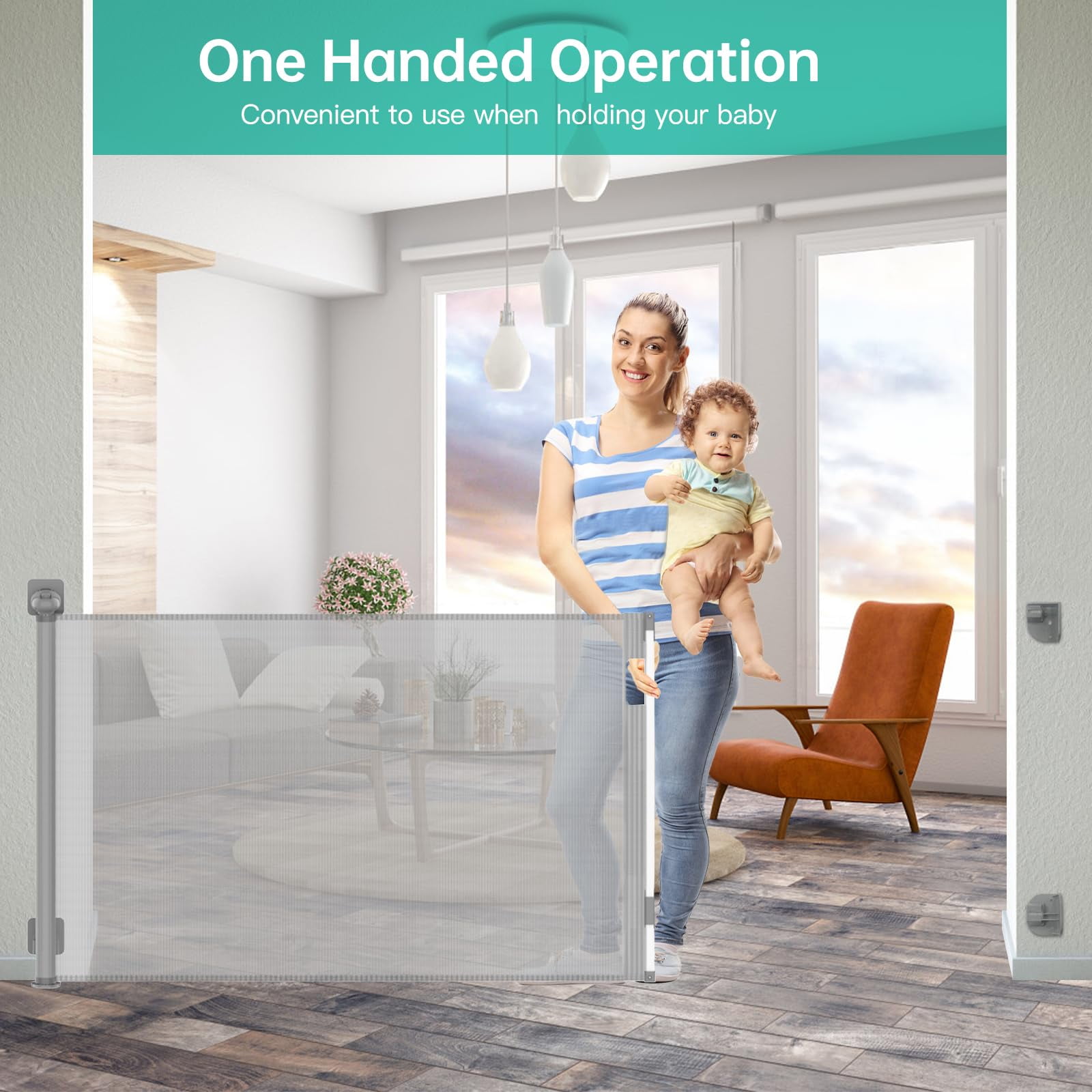 Sunnycome Retractable Baby Gate,Mesh Dog Gate,126" Wide Extends up to 33"Tall,Child Safety Gate for Doorways,Stairs,Hallways,Indoor Outdoor Gray - Image 2