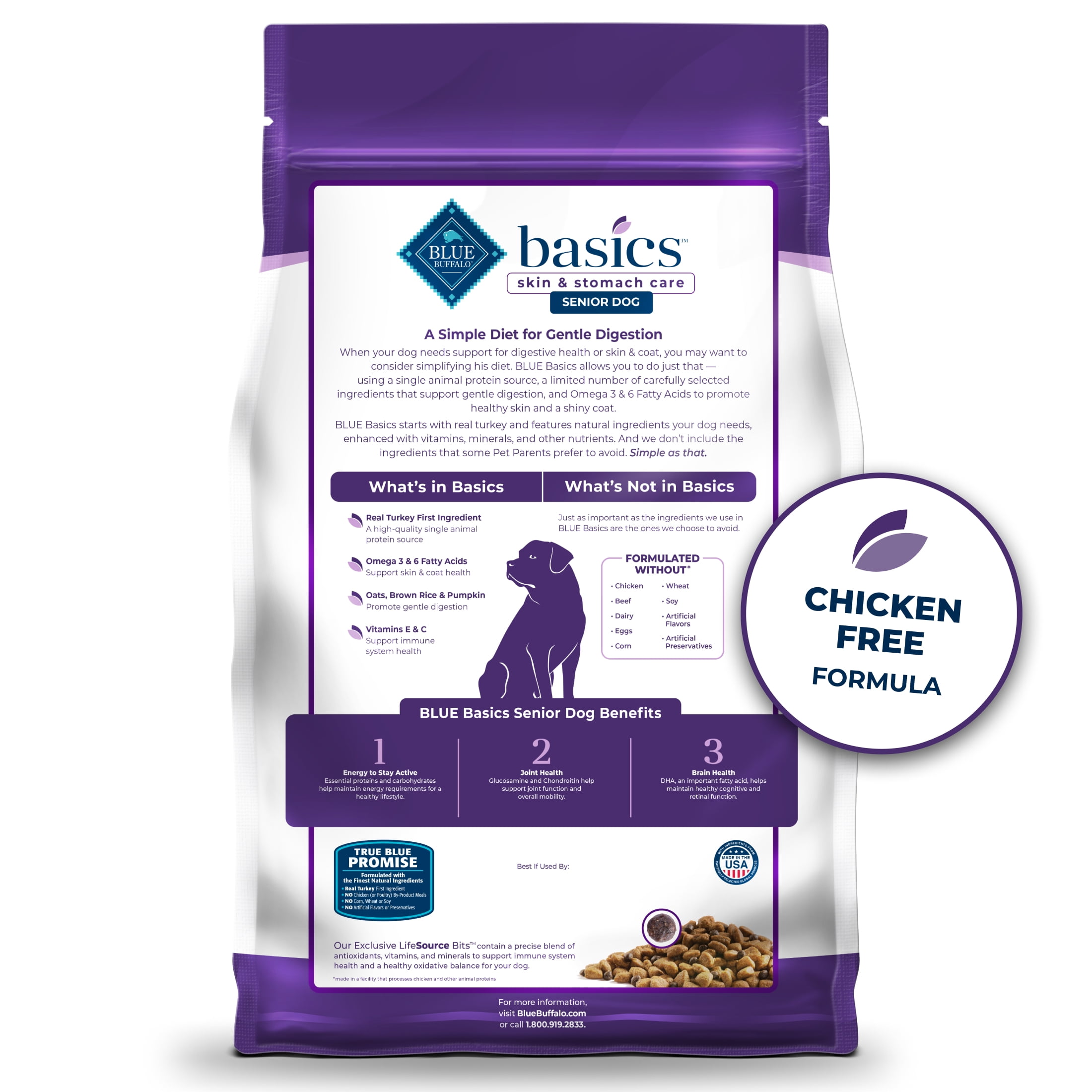 Blue Buffalo Basics Senior Dry Dog Food, Skin & Stomach Care, Turkey Recipe, 24-lb Bag - Image 2