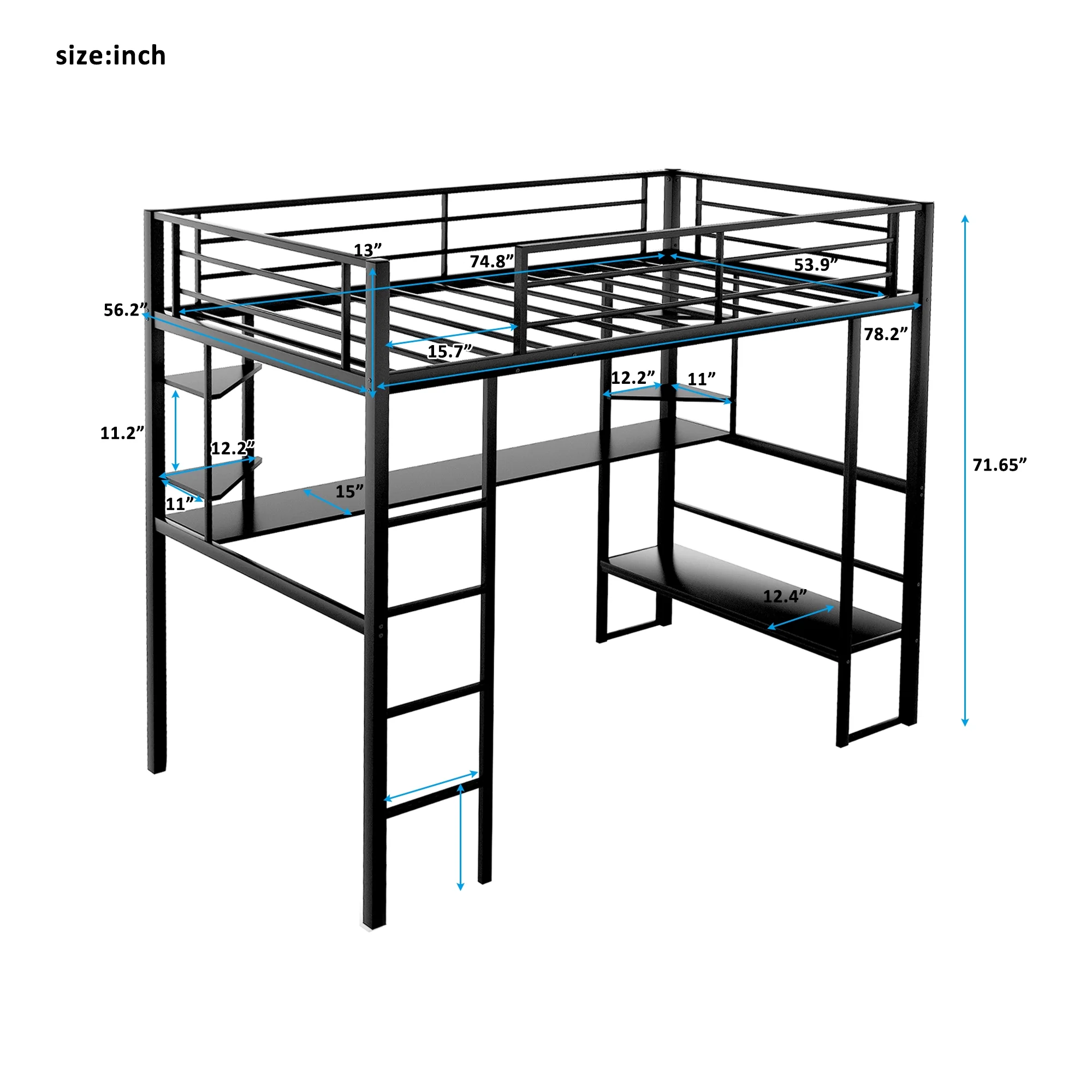 Euroco Metal Full Size Loft Bed with Desk, Shelf and Lounge for Kids Teens Bedroom, Black - Image 5