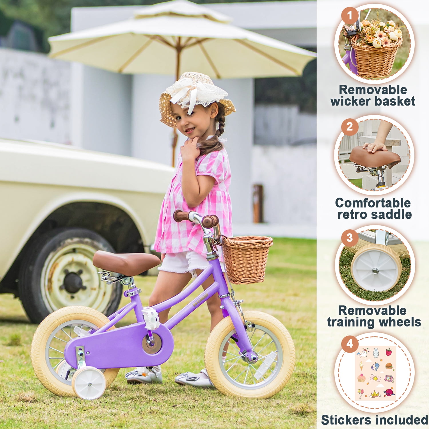 Petimini 16 Inch Kids Bike for 4 5 6 7 Years Old Little Girls Retro Vintage Style Bicycles with Training Wheels and Bell, purple - Image 5