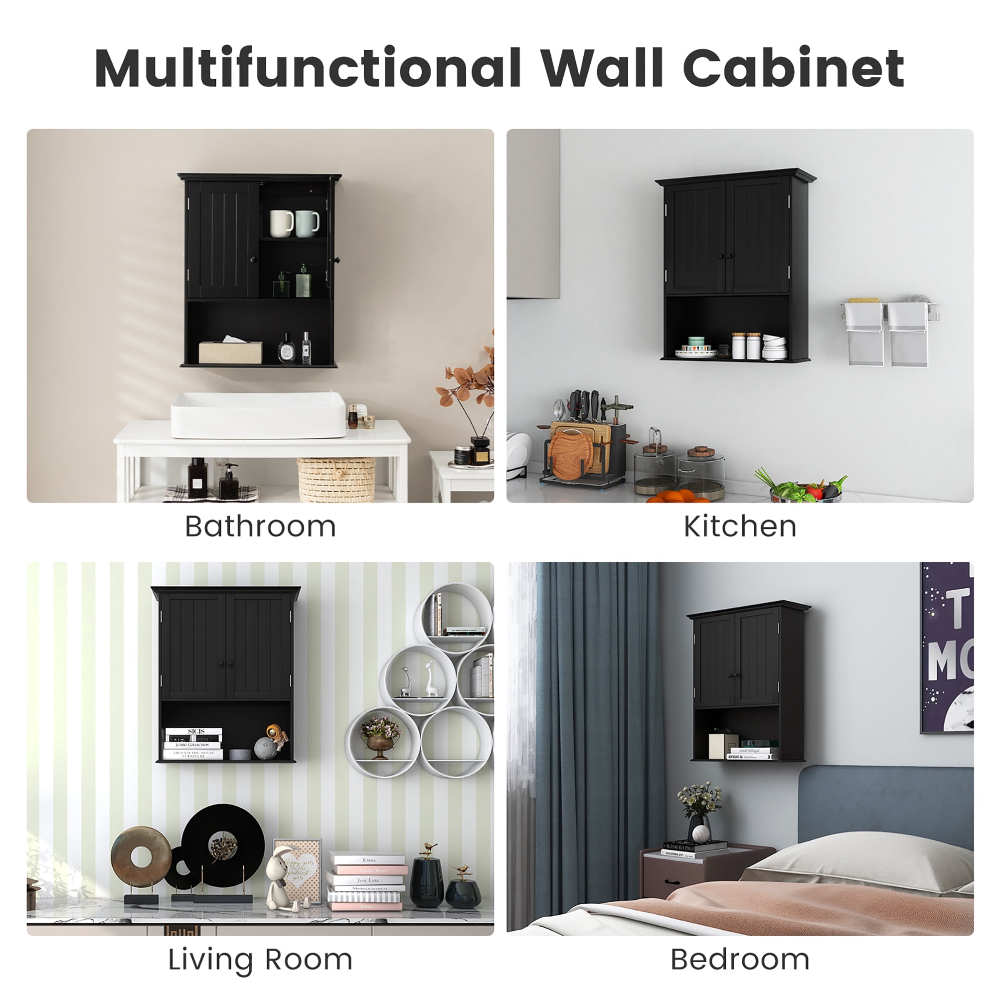 Costway Wall Mount Bathroom Cabinet Wooden Medicine Cabinet Storage Organizer Black - Image 5