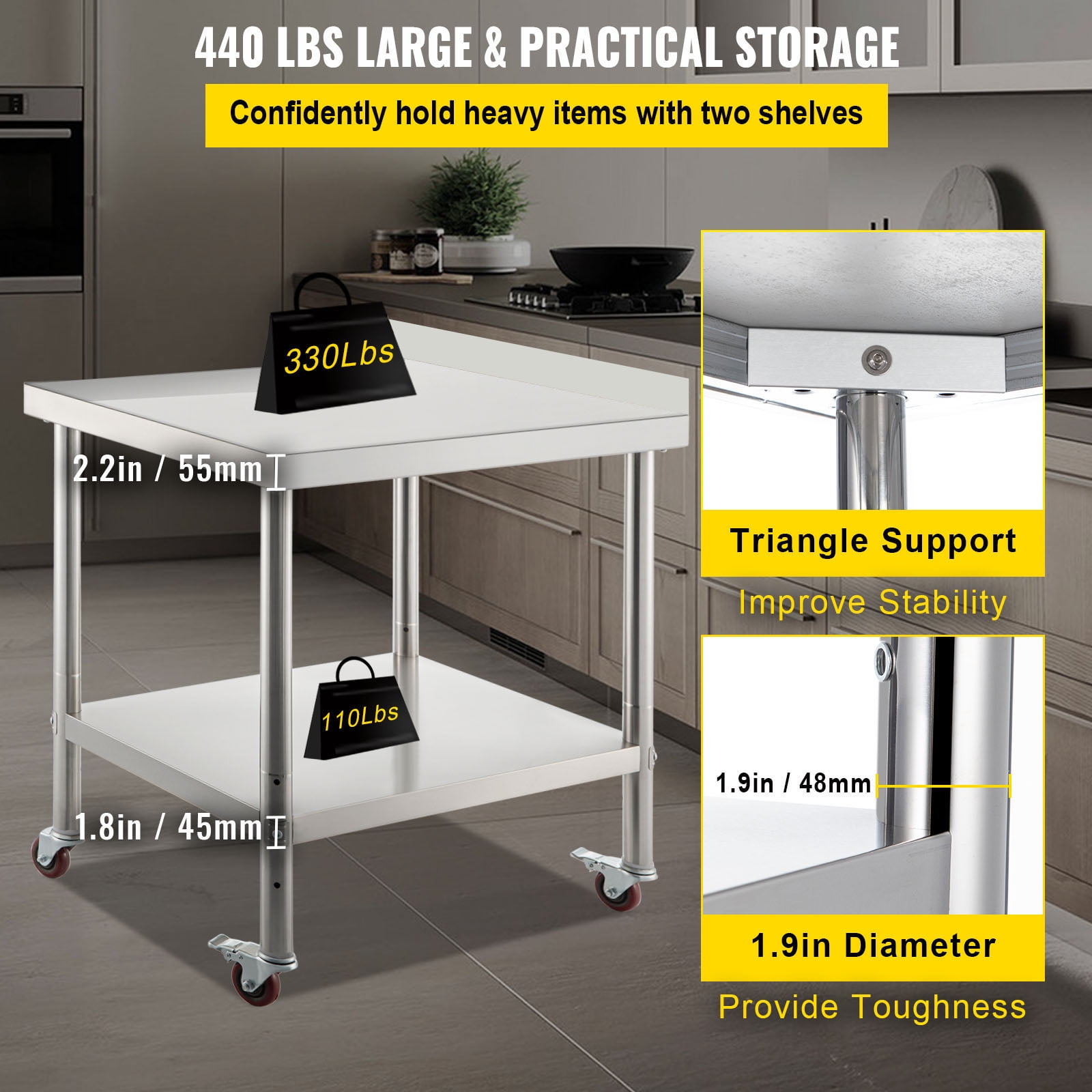 KFFKFF Stainless Steel Prep Table, 24 x 15 x 35 inches, 440 lb Load Capacity Heavy Duty Metal Worktop with Backsplash Adjustable Base and 4 Casters, Kitchen Dining Commercial Workstation - Image 2