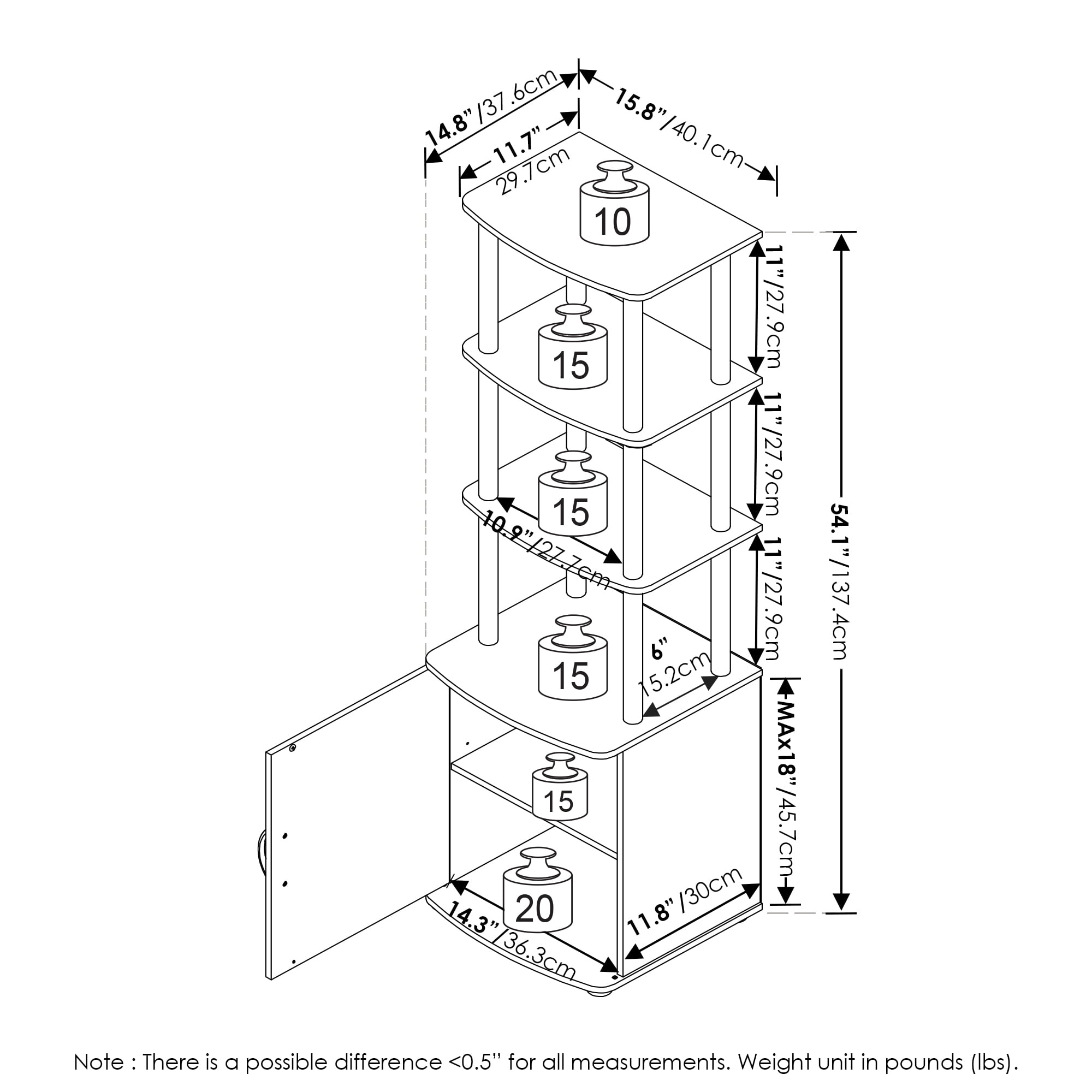 Furinno Turn-N-Tube 3-Tier Tall TV Entertainment Side Table Display Rack with Storage Cabinet, Blackwood/Black - Image 2