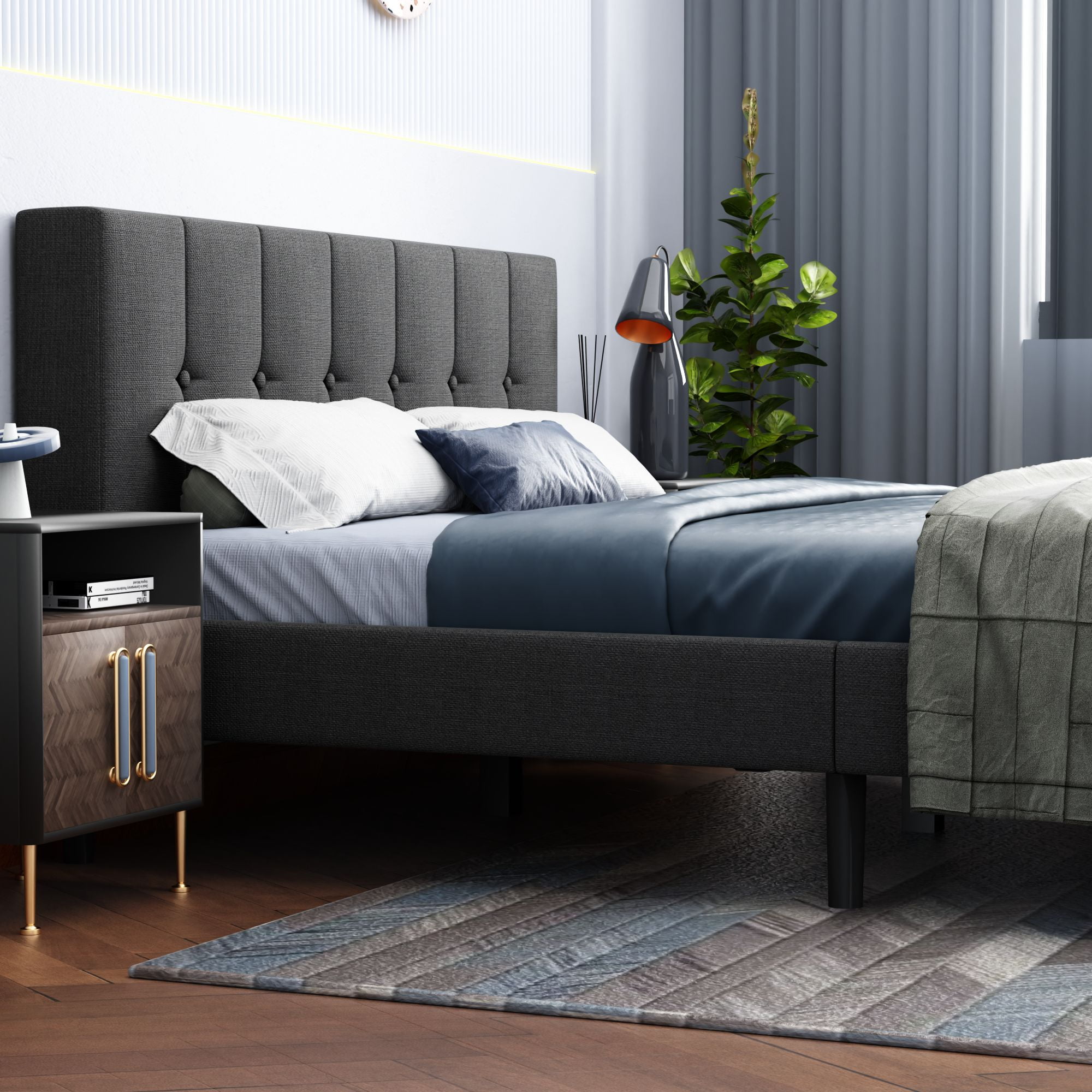 Lijimei Queen Upholstered Platform Bed with Storage and Installation Tools, Dark Gray - Image 5