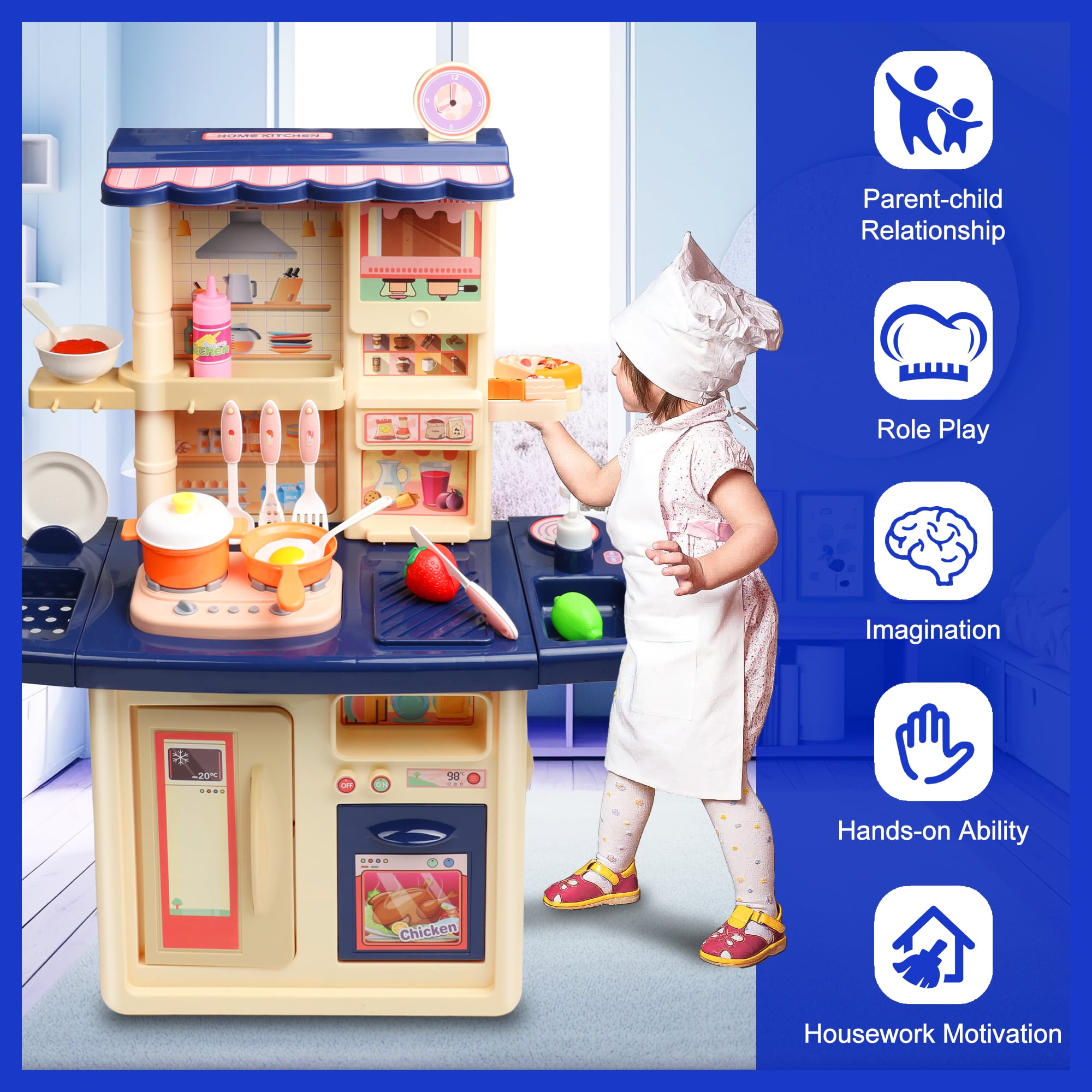 Beefunni 34 inch Blue Pretend Play Kitchen Toys Pretend Food Sets- Kitchen Toys for Kids Ages 2 3 4, Cooking Set for Toddlers 1-3, Play Kitchen Accessories Christmas Gifts Toys for Girls Boys 3+ - Image 8